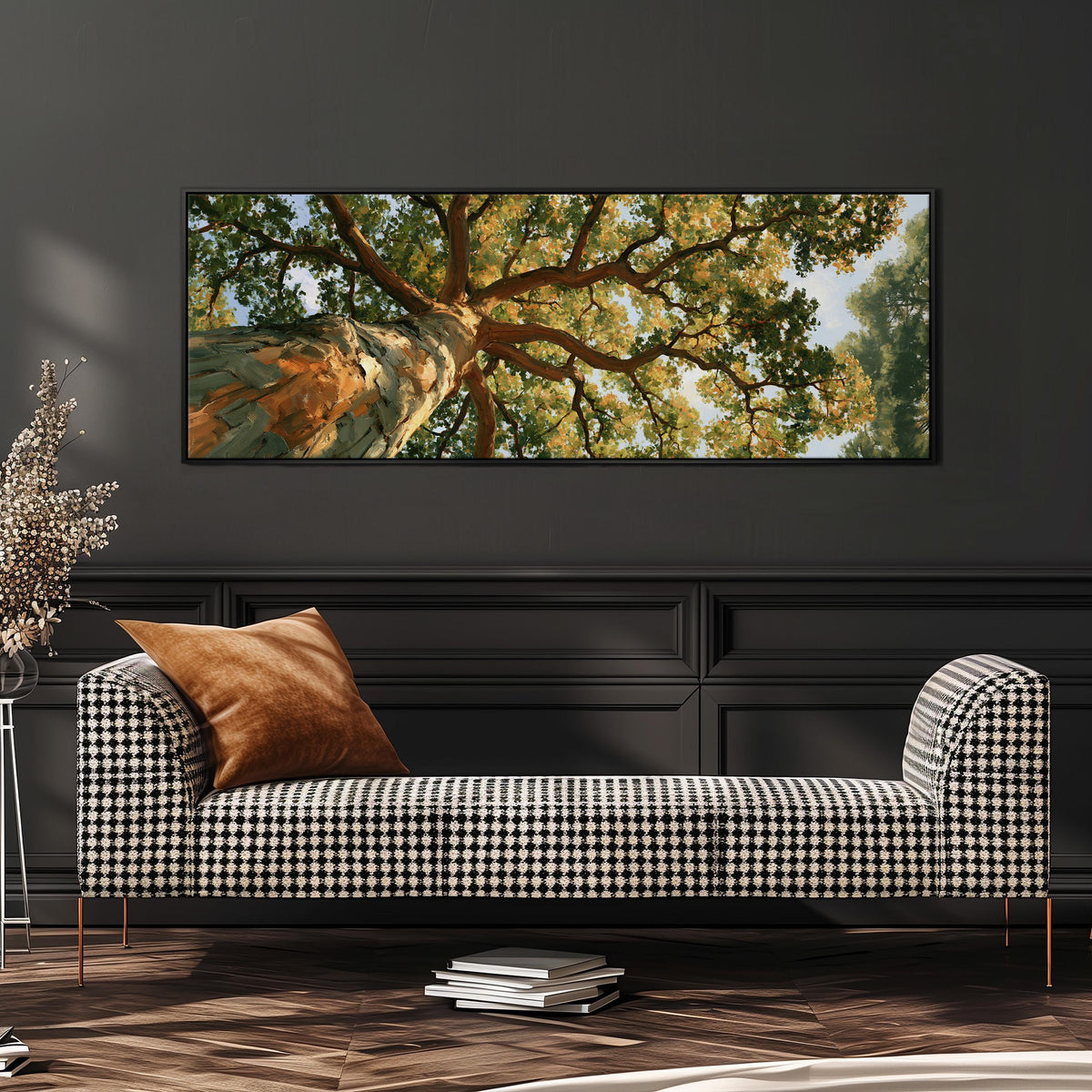 Autumn oak canopy seen from below wide panoramic canvas print above a bench in a dark living room