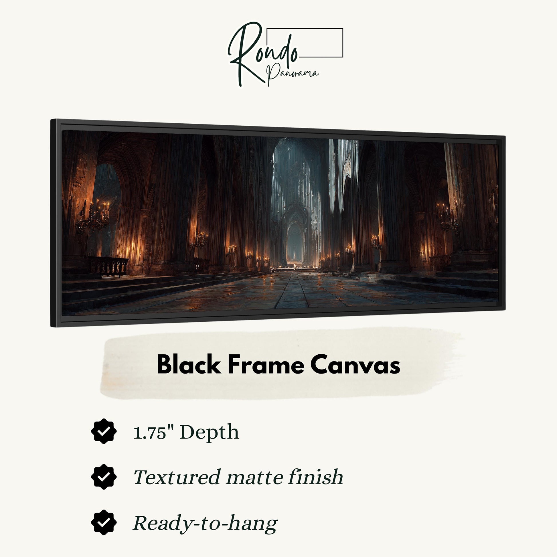 The image is a black frame canvas depicting a long, dimly lit hallway with arched doorways and columns, creating a sense of depth and architectural detail.