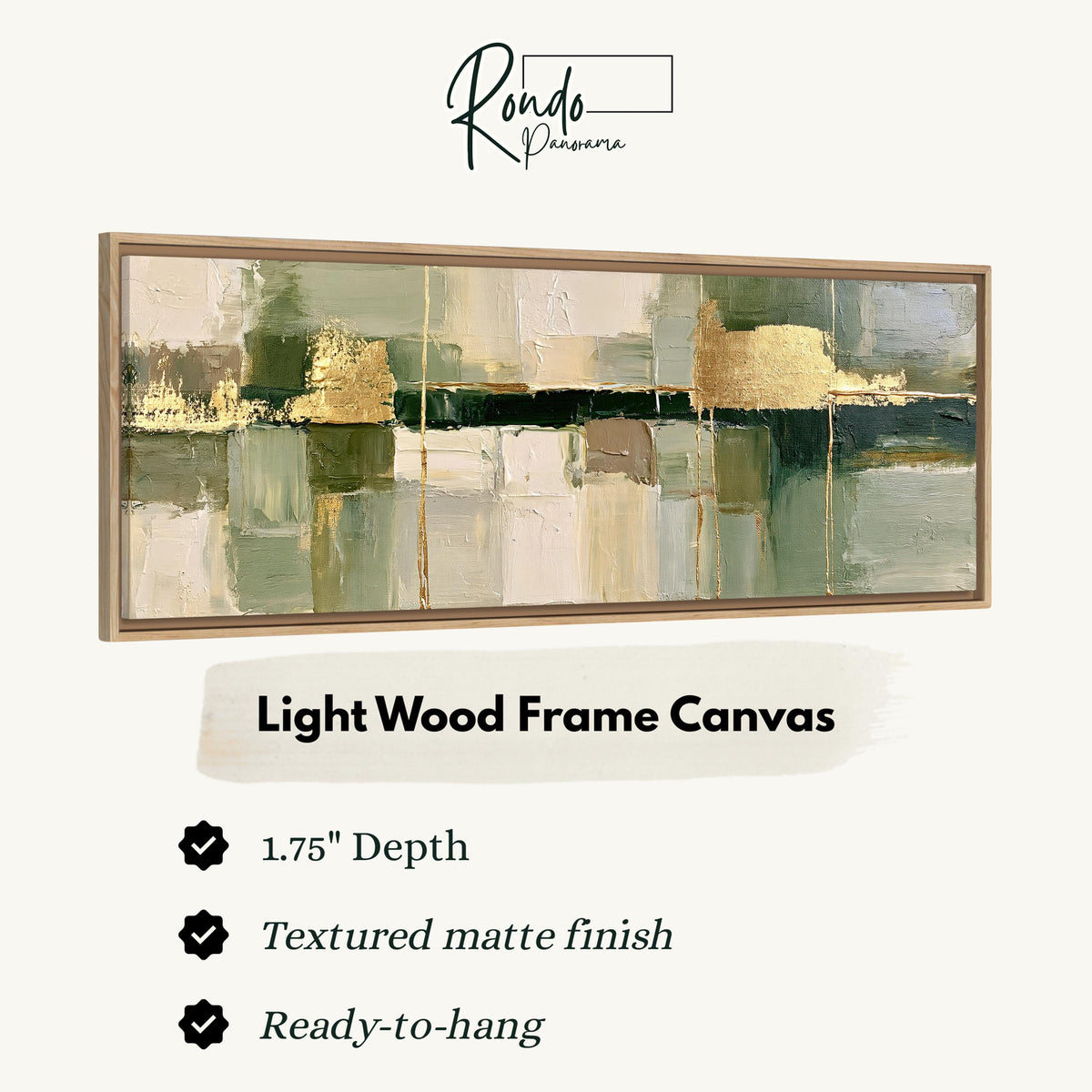 Sage and gold leaf abstract canvas print in a light wood floating frame