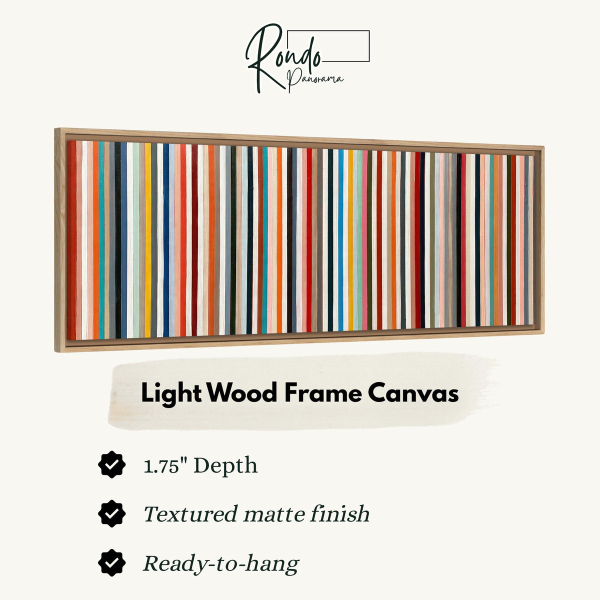 Rainbow pinstripes canvas print in a light wood floating frame