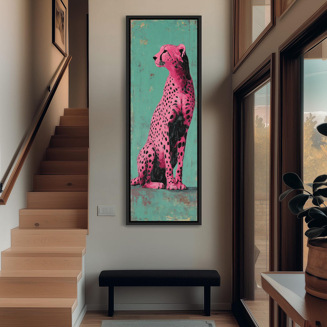 a large, vibrant painting of a cheetah in a pink and black color scheme, hanging on a wall in a room with a wooden cabinet and a vase of flowers.