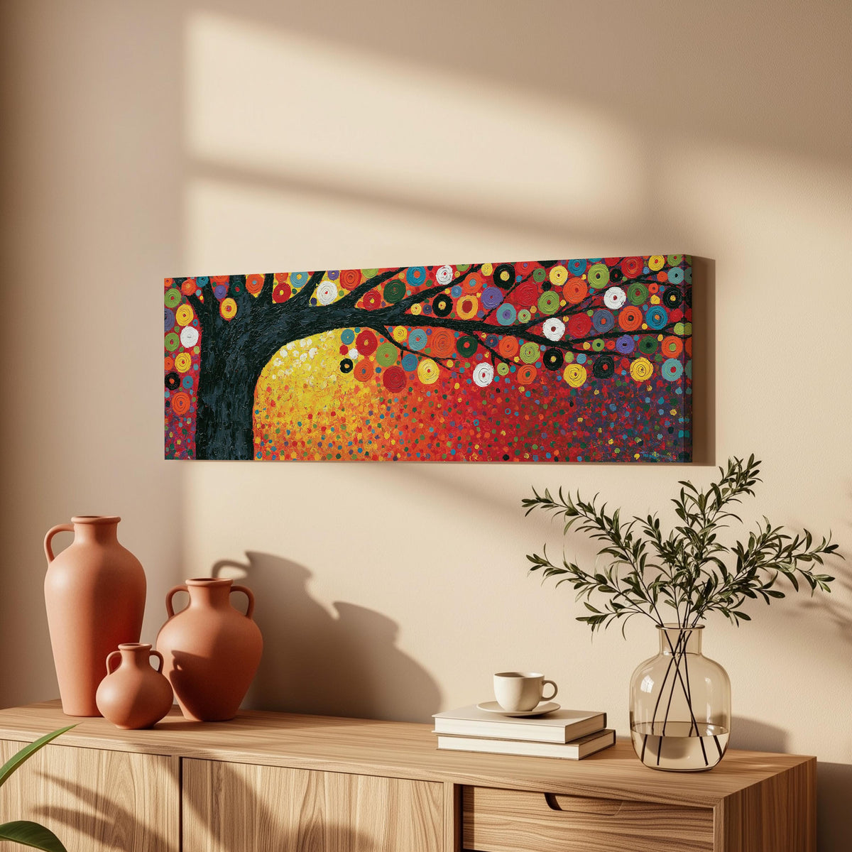 Amber tree of life in a Klimt style long horizontal canvas print above a wooden sideboard
