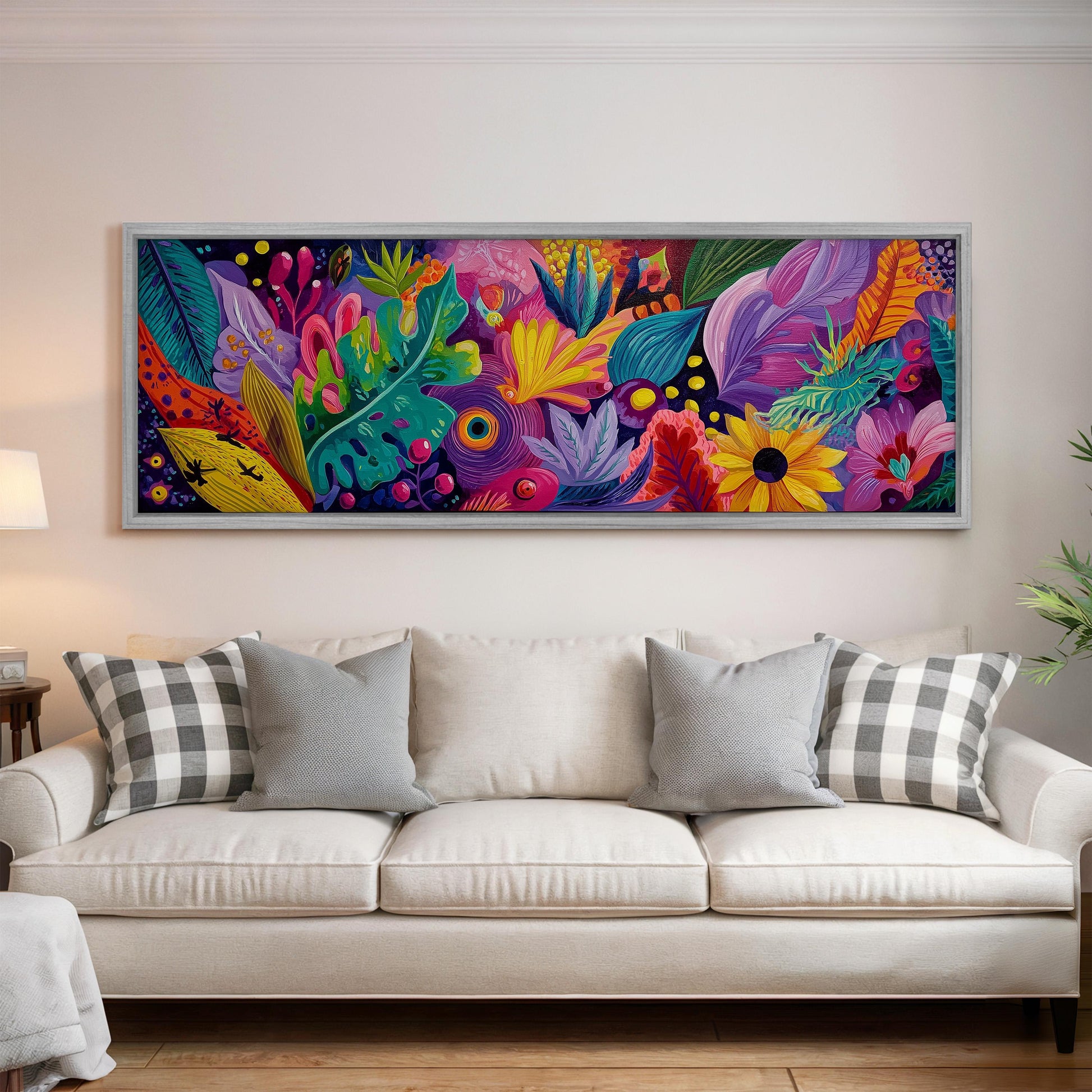 a large, colorful painting of a tropical garden hanging on a wall above a white couch with gray and white plaid throw pillows.