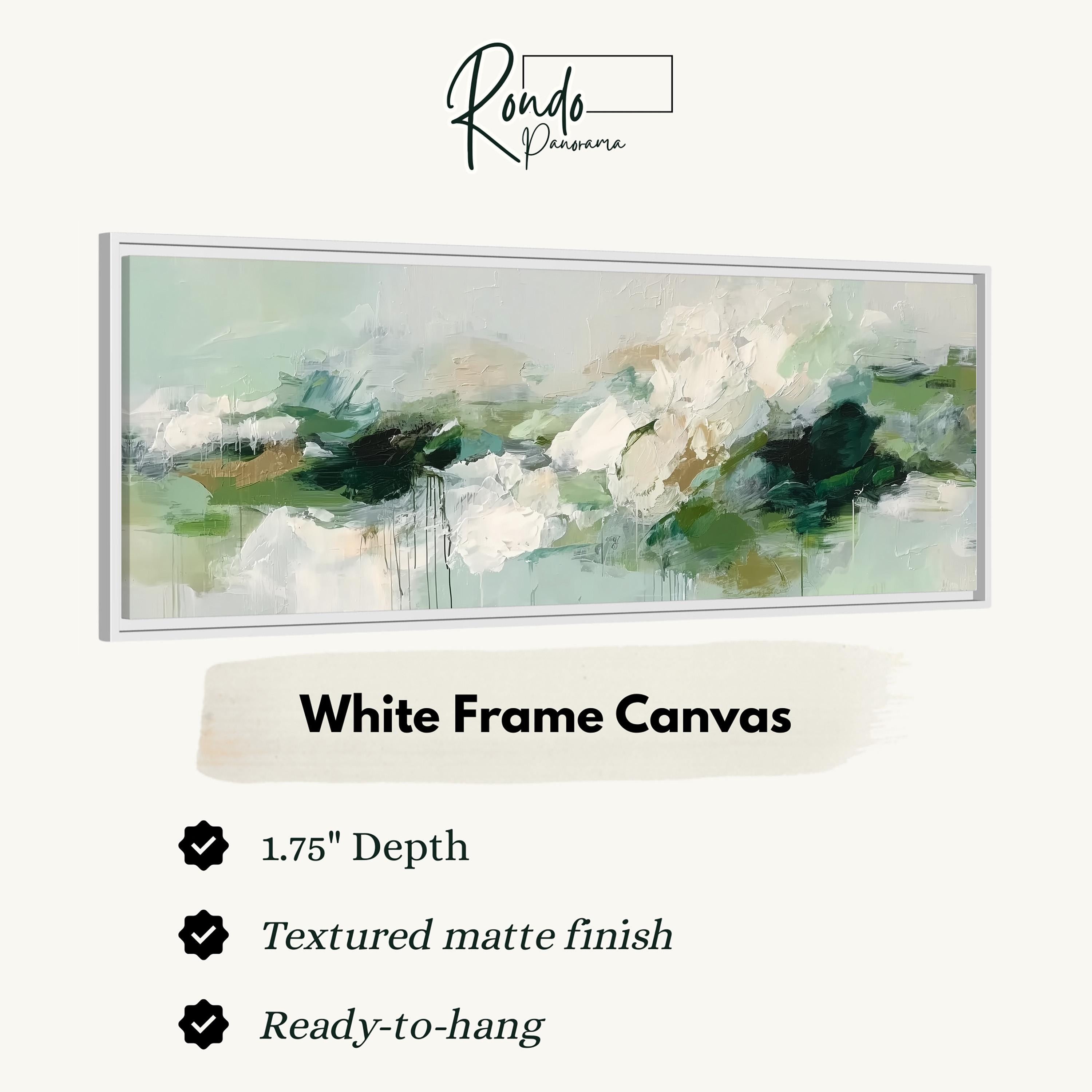The image is a product advertisement for a white frame canvas. It features a large abstract painting with a white frame, and provides details about the product, including its dimensions, finish, and hanging capabilities.