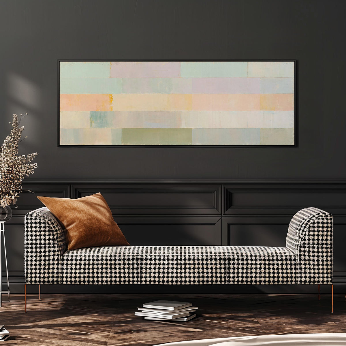 Soft lilac, mint and butter color bands wide panoramic canvas print above a bench in a dark living room