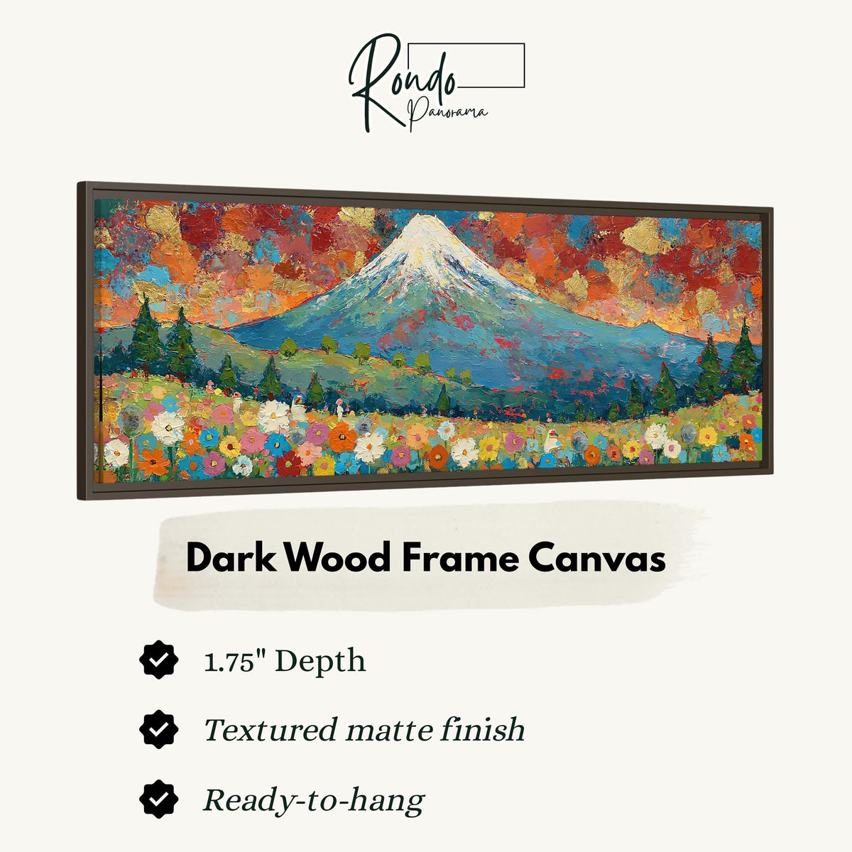 Mount Fuji above autumn trees and wildflowers canvas print in a dark wood floating frame