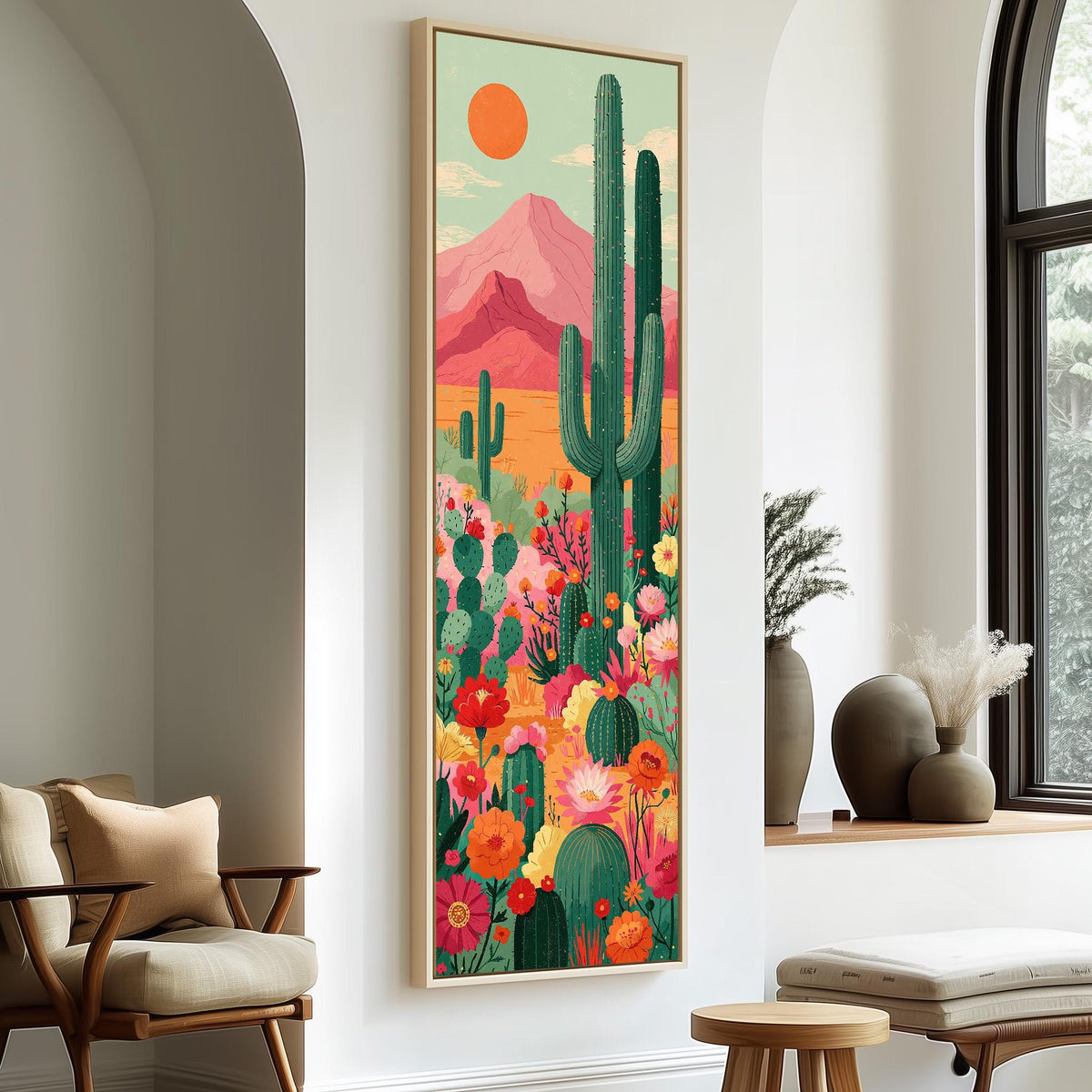 Cacti and flowers under a pink mountain tall skinny canvas print in a sunlit living space
