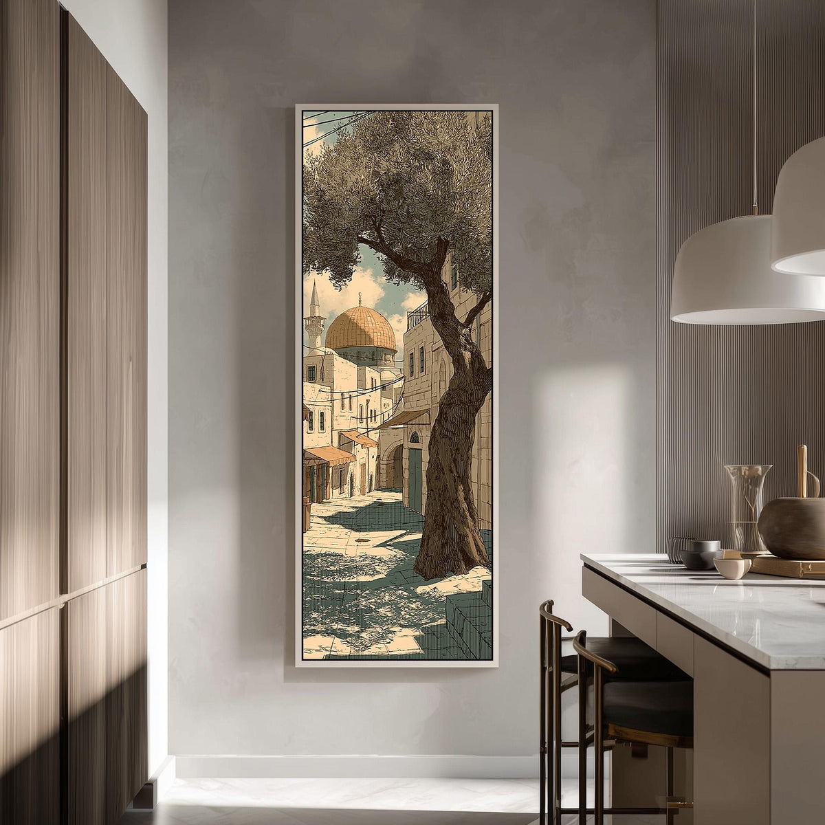 Jerusalem old city street with an olive tree tall skinny canvas print in a modern kitchen