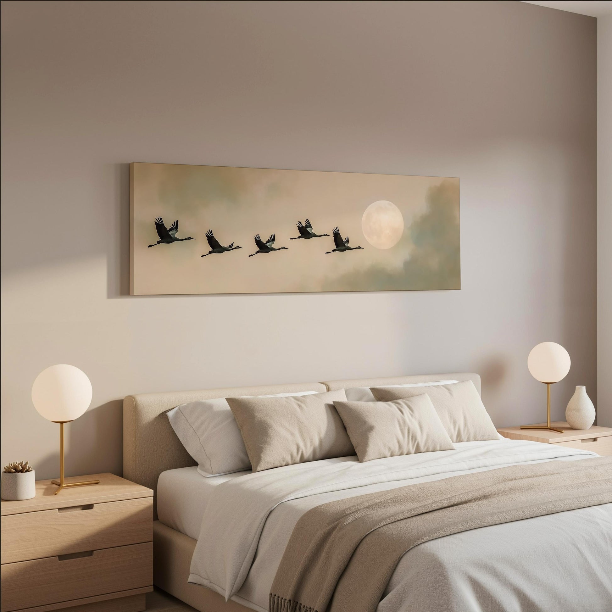 a serene bedroom scene with a large bed, two nightstands with lamps, and a framed artwork of a flock of birds flying across a cloudy sky with a full moon.