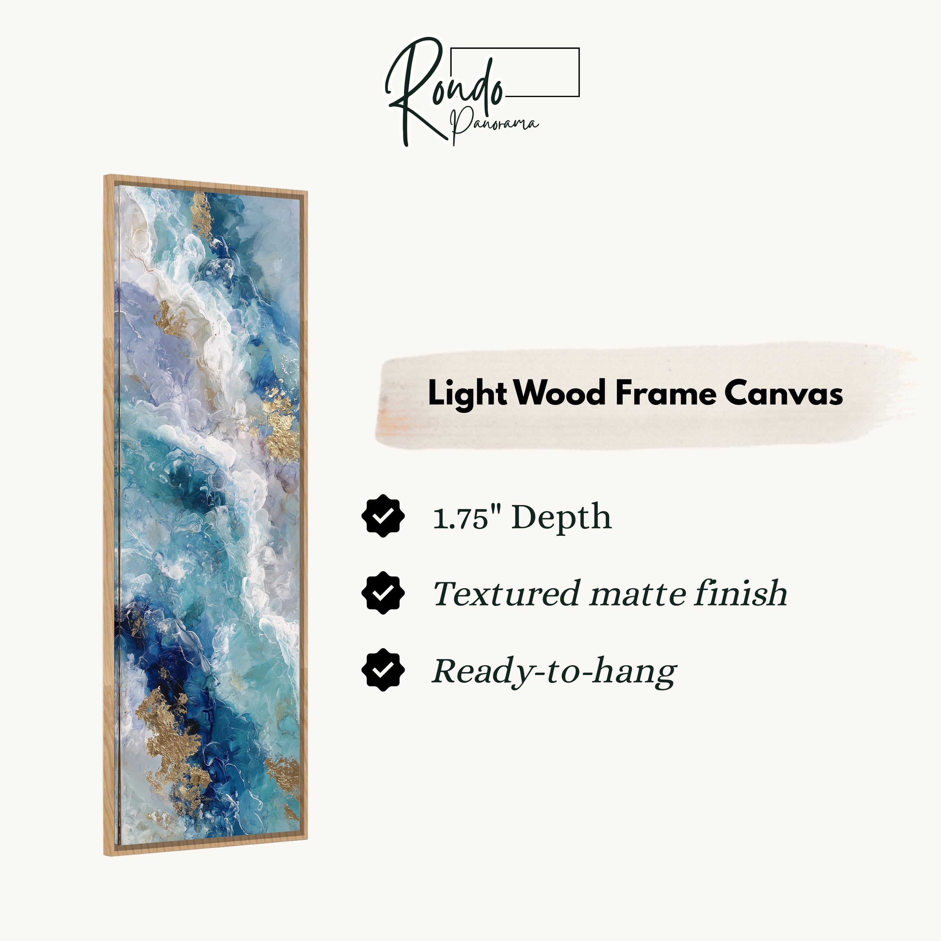 The image is a product advertisement for a light wood frame canvas. It features a vertical piece of artwork with a blue and white abstract design, and provides details about the product, including its dimensions, finish, and hanging capabilities.