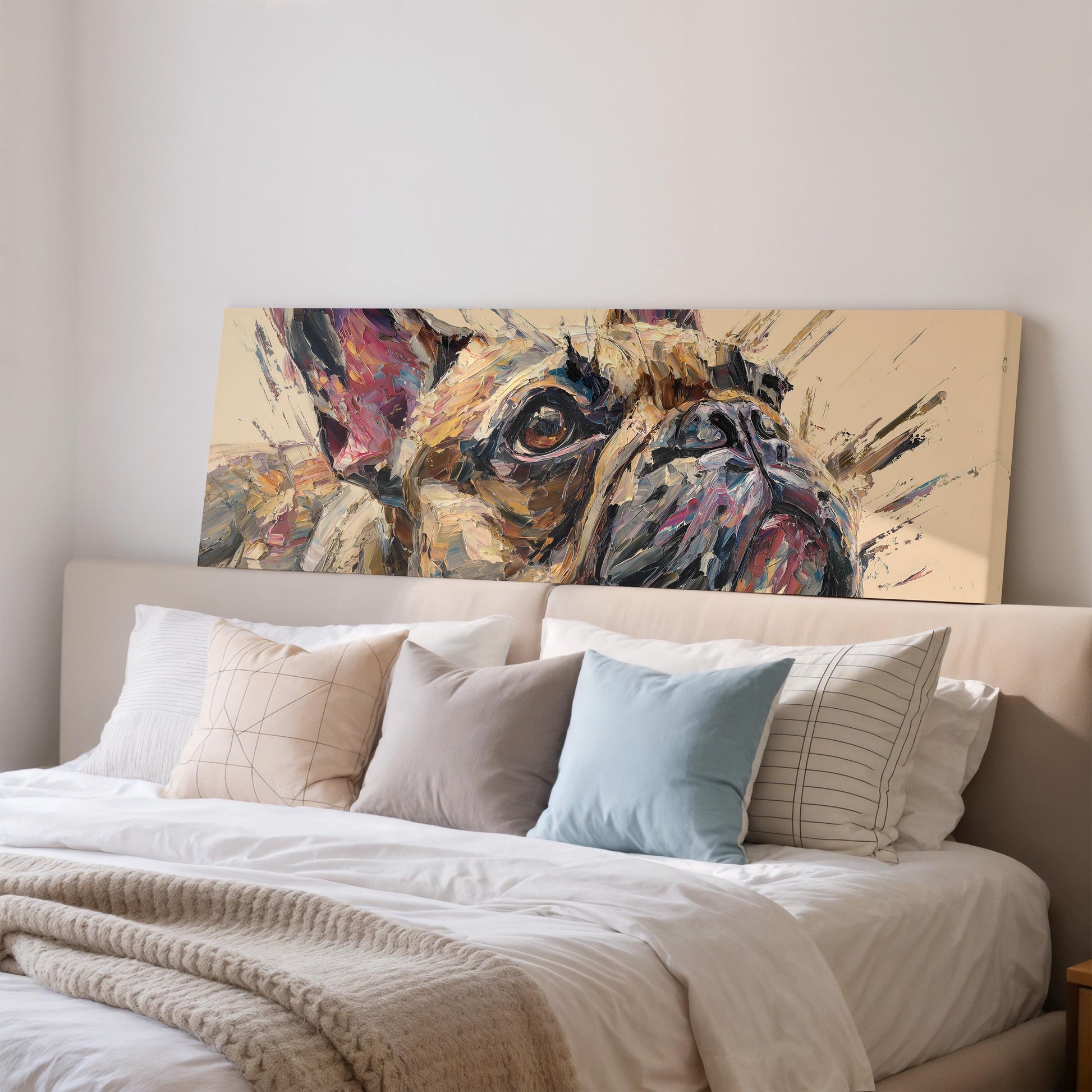 a large, colorful painting of a dog's face on a wall above a bed with white bedding and pillows.
