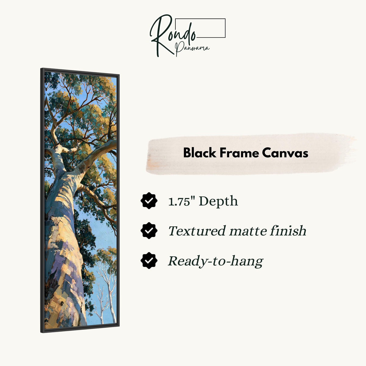 Gum tree trunk rising into a sunlit canopy canvas print in a black floating frame
