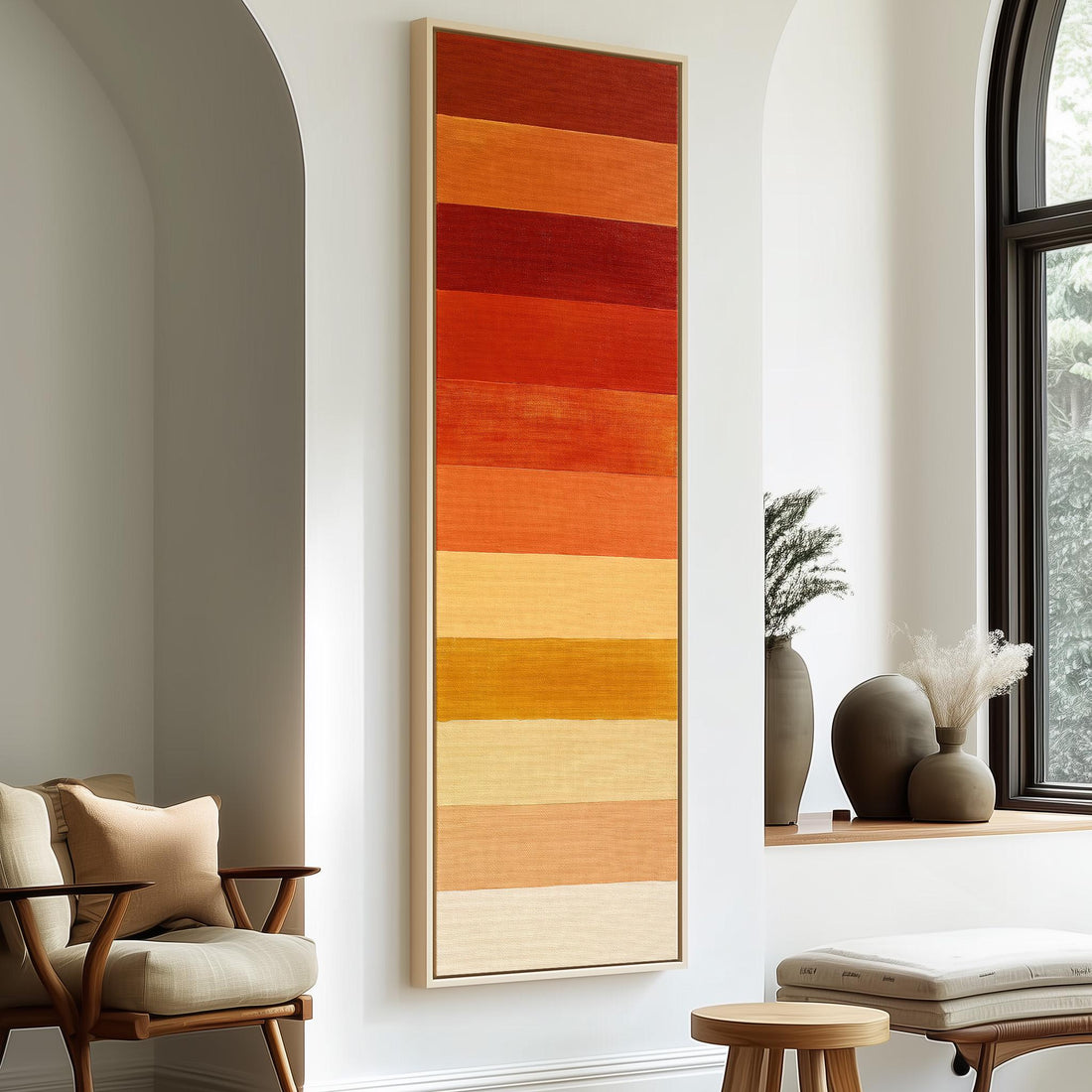 Horizontal stripes from rust to mustard and cream long vertical canvas print in a sunlit living space