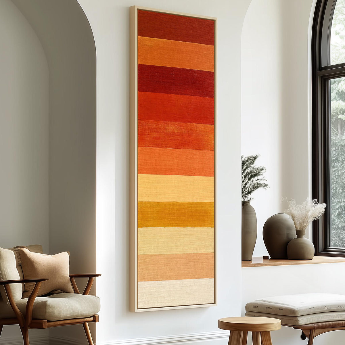 Horizontal stripes from rust to mustard and cream tall skinny canvas print in a sunlit living space