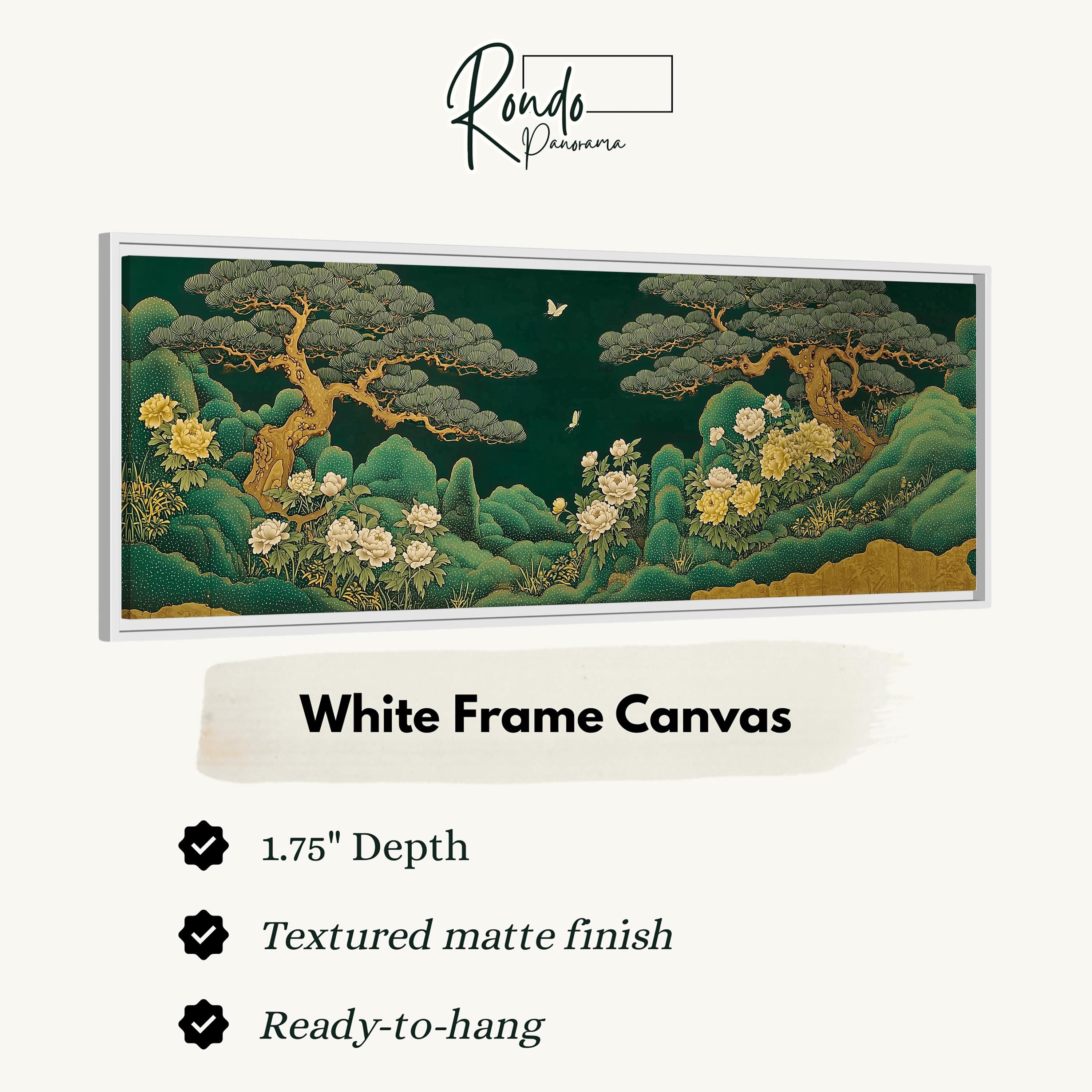 The image is a framed artwork depicting a lush, verdant landscape with trees, flowers, and a serene atmosphere.
