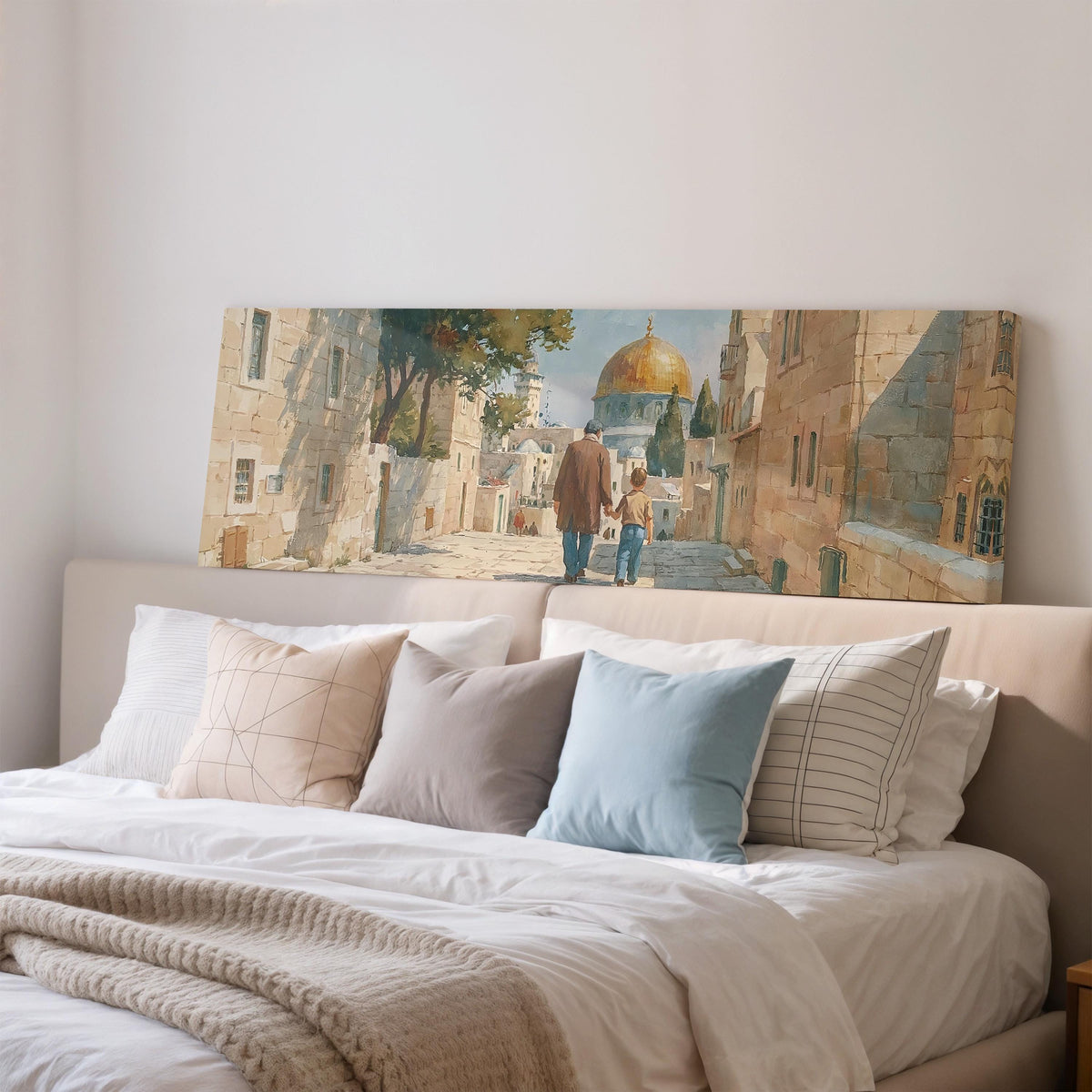 Jerusalem old city street with the golden dome wide panoramic canvas print above a bed in a bedroom