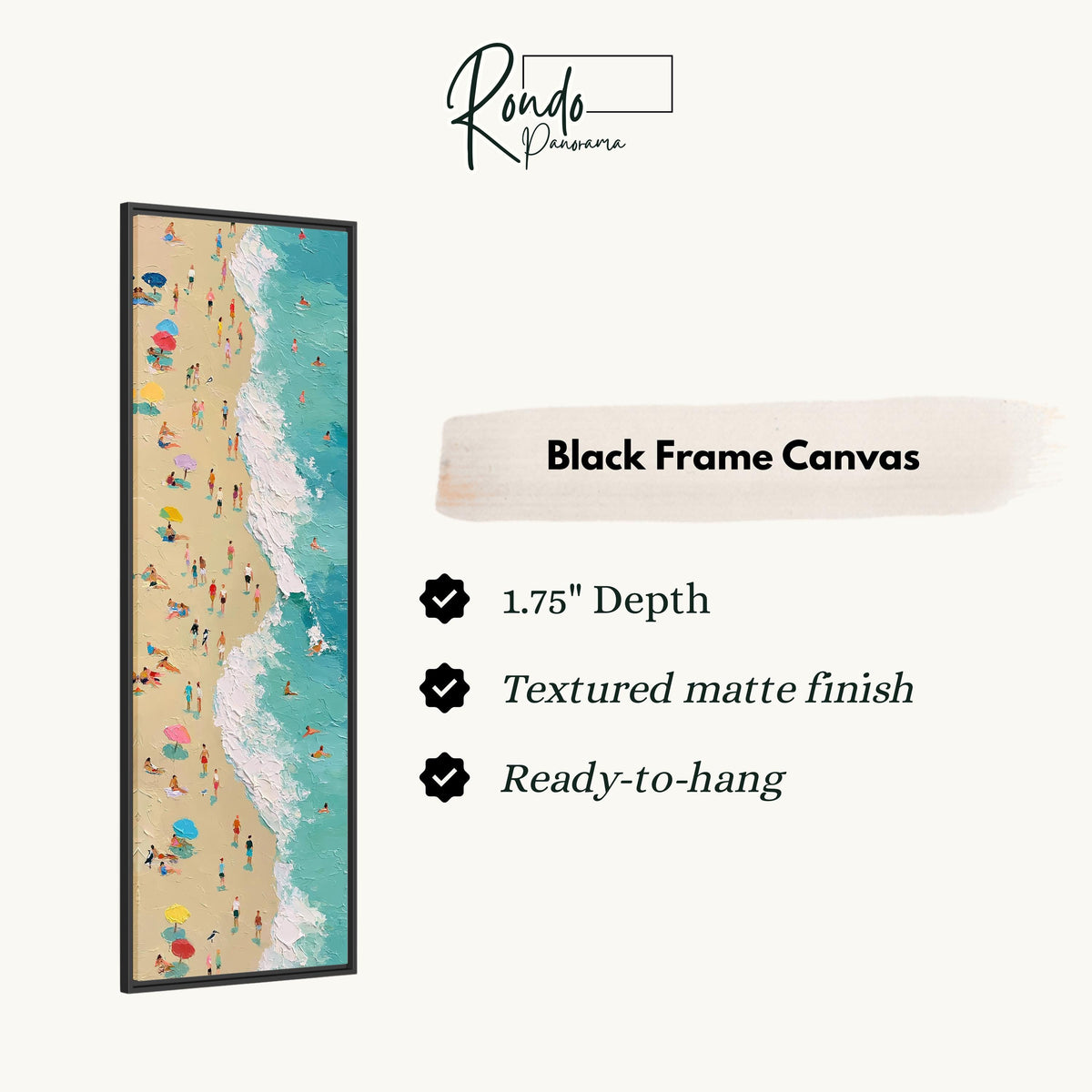 Busy beach and turquoise surf from above canvas print in a black floating frame