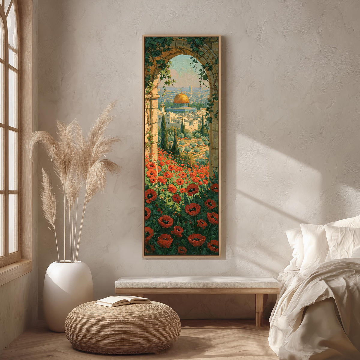 Jerusalem seen through an arch above red poppies long vertical canvas print in a bright reading corner