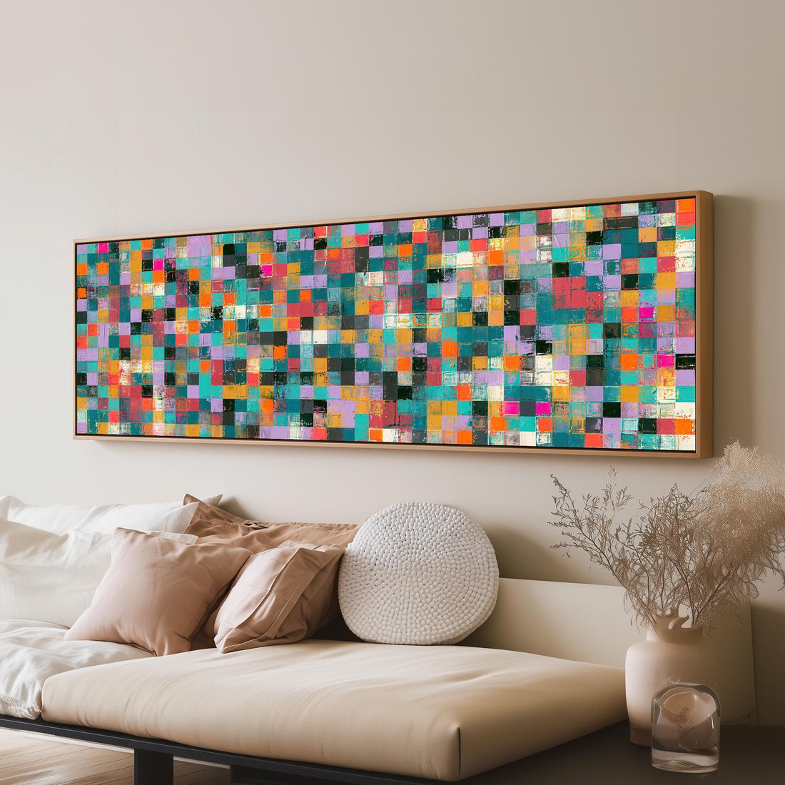 Jewel tone checker mosaic long horizontal canvas print above a sofa in a living room