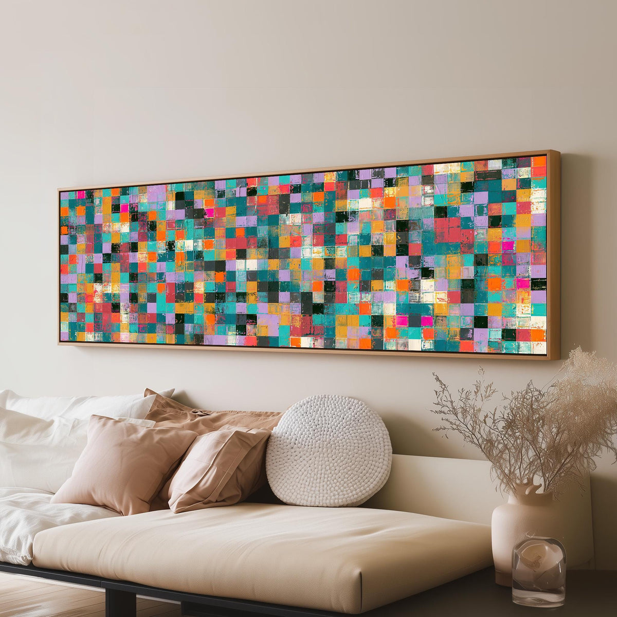 Jewel tone checker mosaic panoramic canvas print above a sofa in a living room