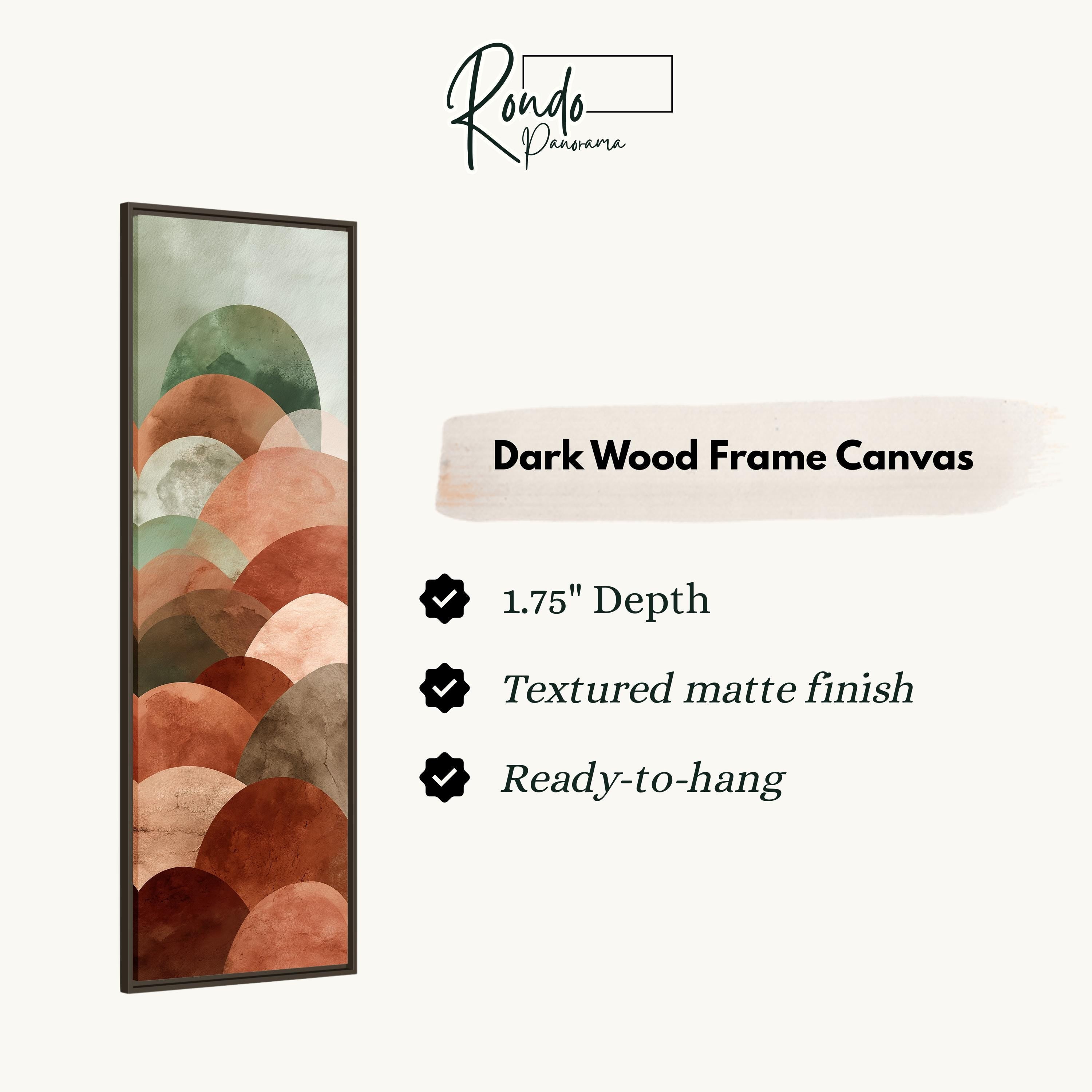 The image is a product description for a dark wood frame canvas. It features a vertical image of overlapping circles in various shades of brown and green, and provides details about the canvas, including its 1.75" depth, textured matte finish, and ready-to-hang feature.