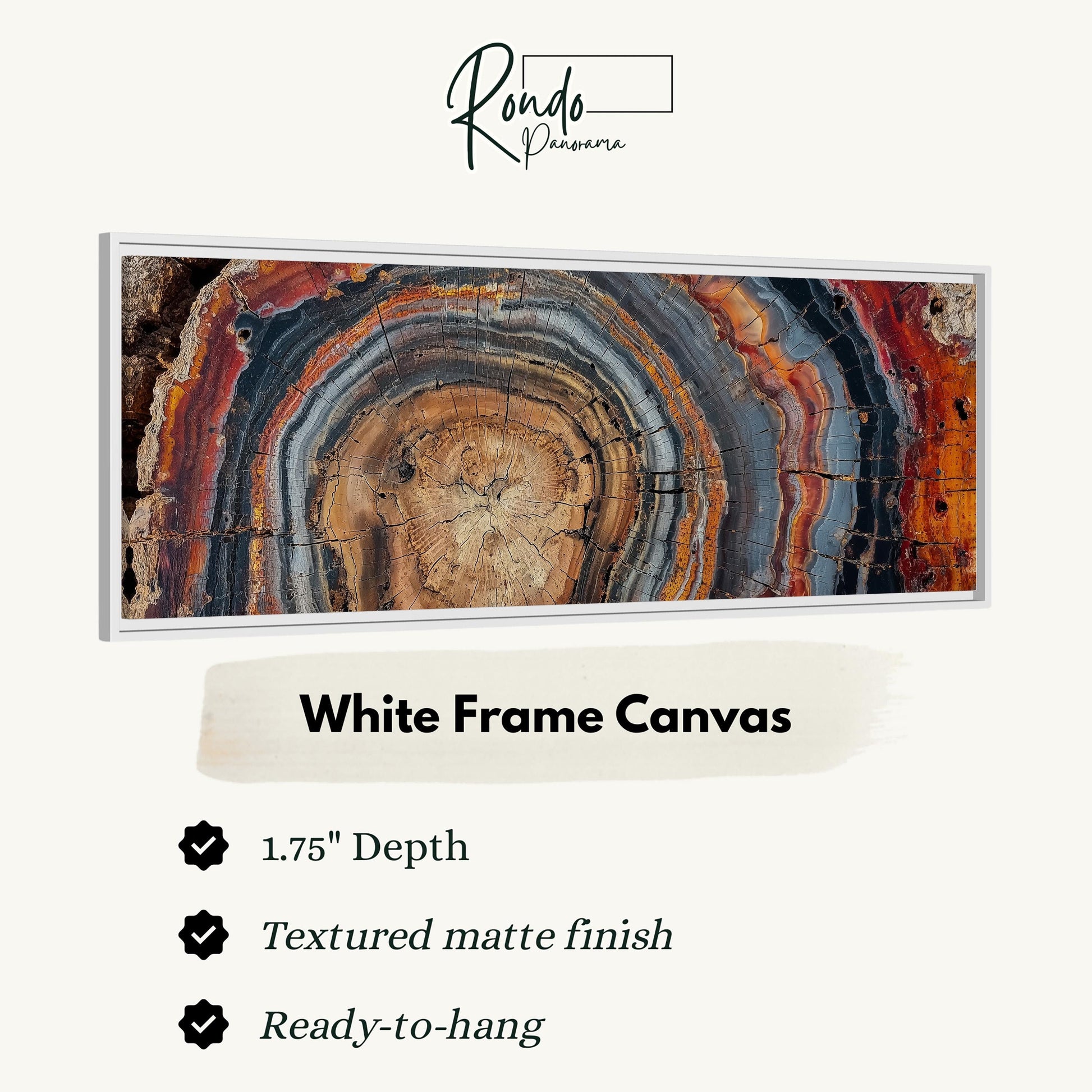 The image is a framed canvas depicting a striking abstract pattern with a variety of colors and textures, including shades of orange, brown, and gray. The frame is described as a "White Frame Canvas" with a "1.75" depth, a "Textured matte finish", and a "Ready-to-hang" description.