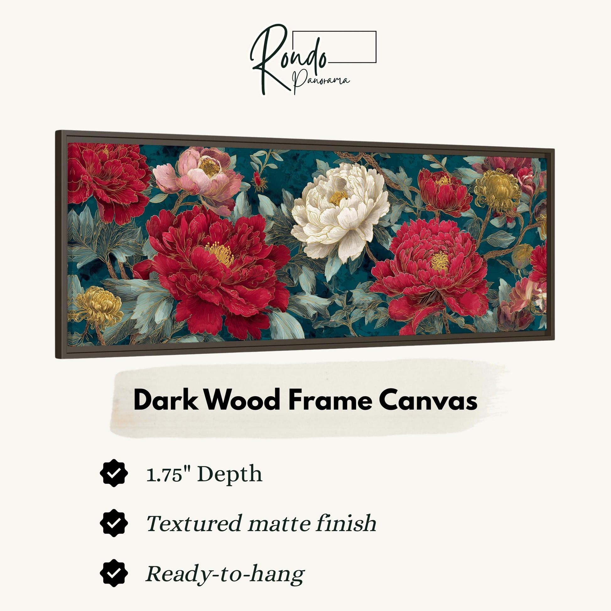 The image is a framed canvas depicting a floral design with red and white flowers against a dark wood background.