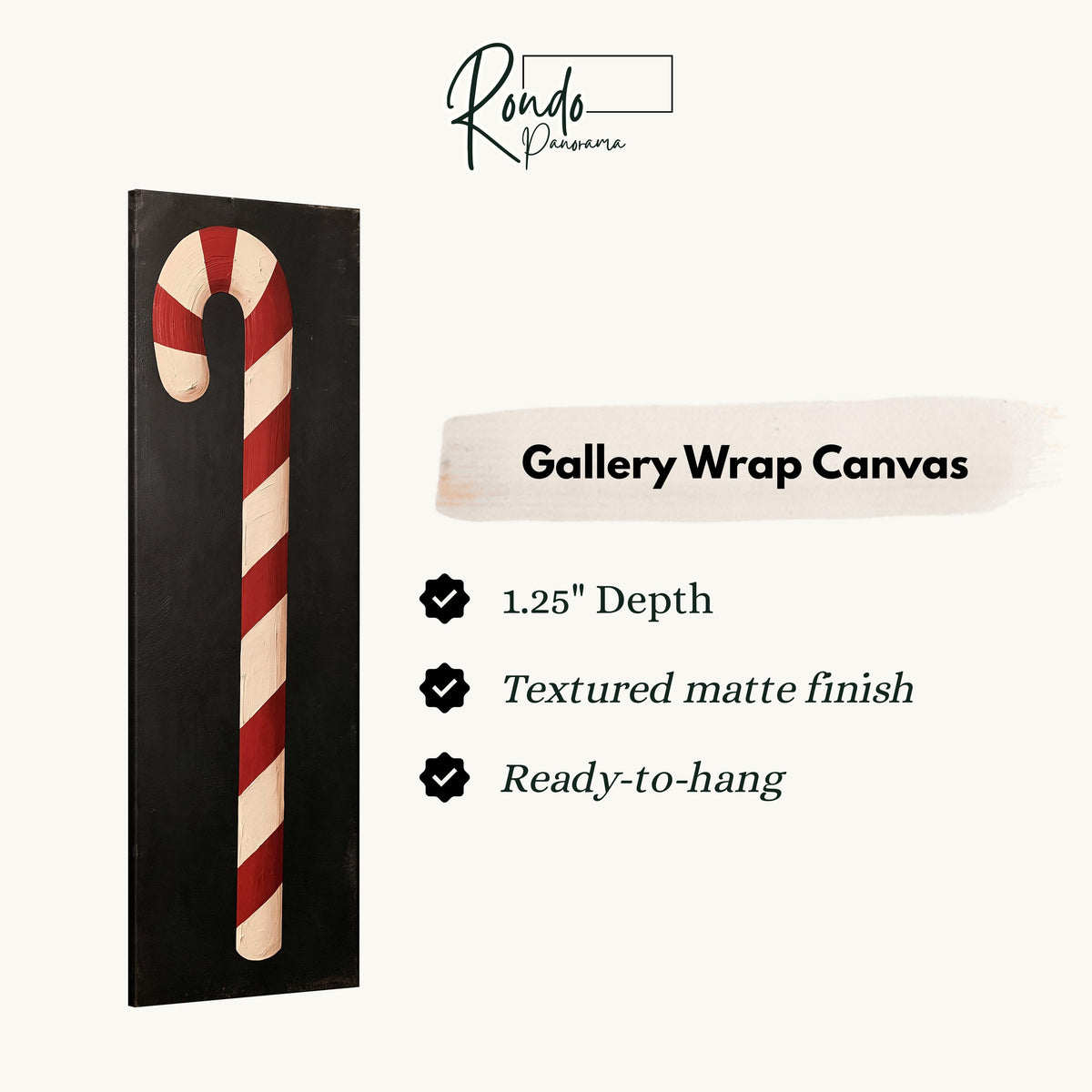Single candy cane on black gallery wrap canvas with the image wrapped around the edges