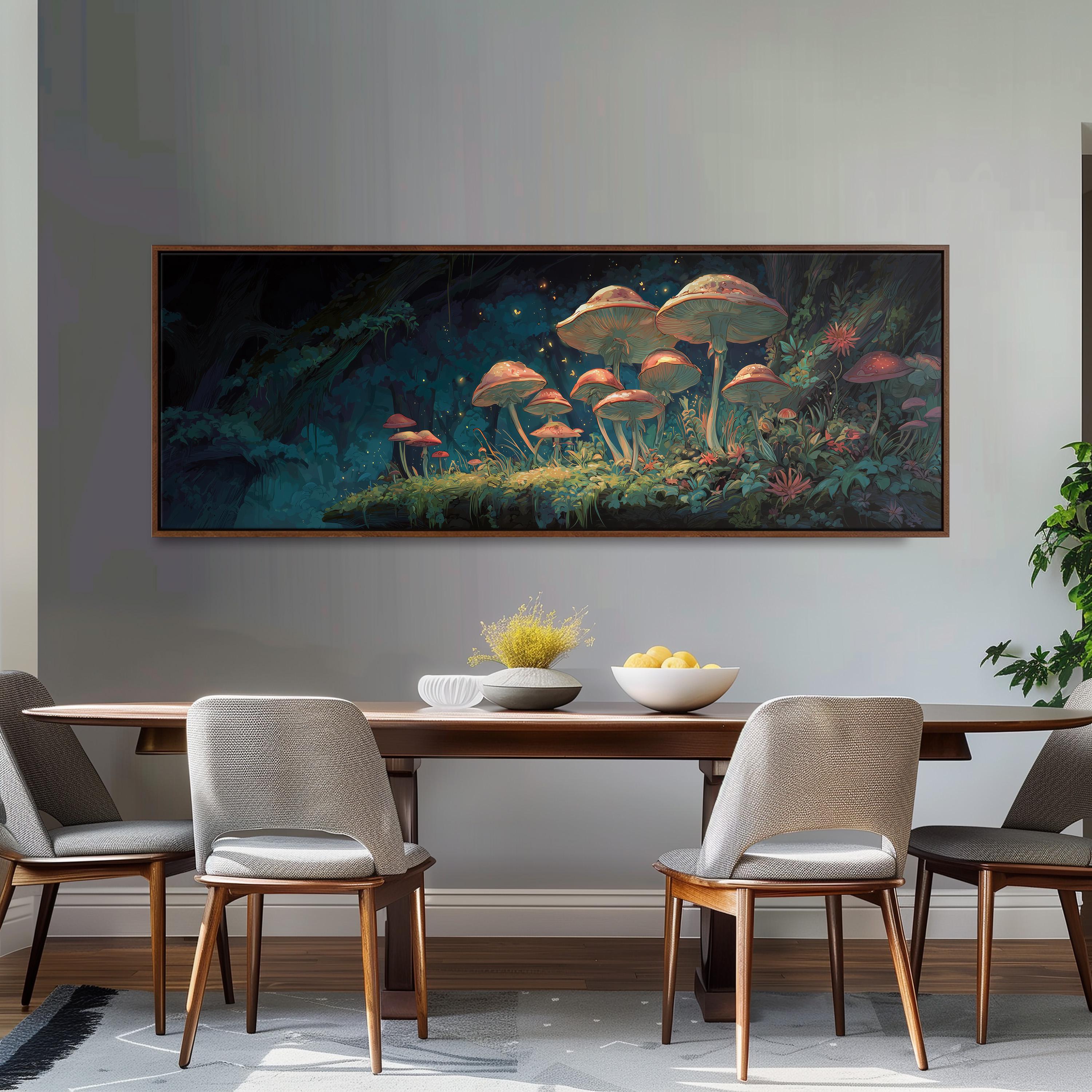 a dining room with a large painting of mushrooms and plants hanging on the wall above a wooden table with four chairs.
