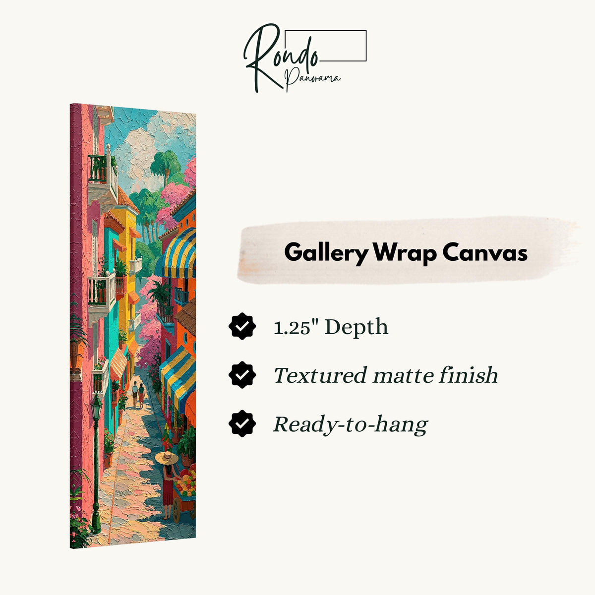 Colorful street with balconies and awnings gallery wrap canvas with the image wrapped around the edges