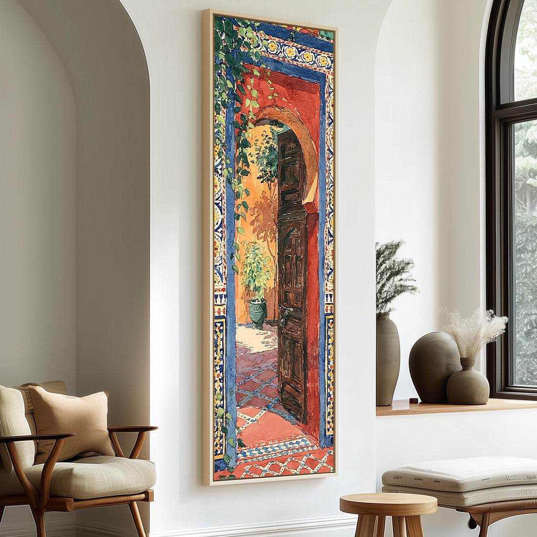 Moroccan courtyard through a carved door long vertical canvas print in a sunlit living space