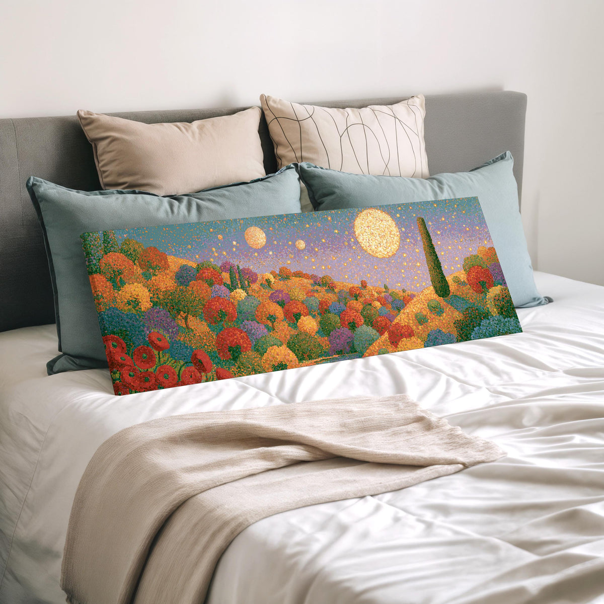 Autumn hillside under glowing moons wide panoramic canvas print laid on a bed to show its size