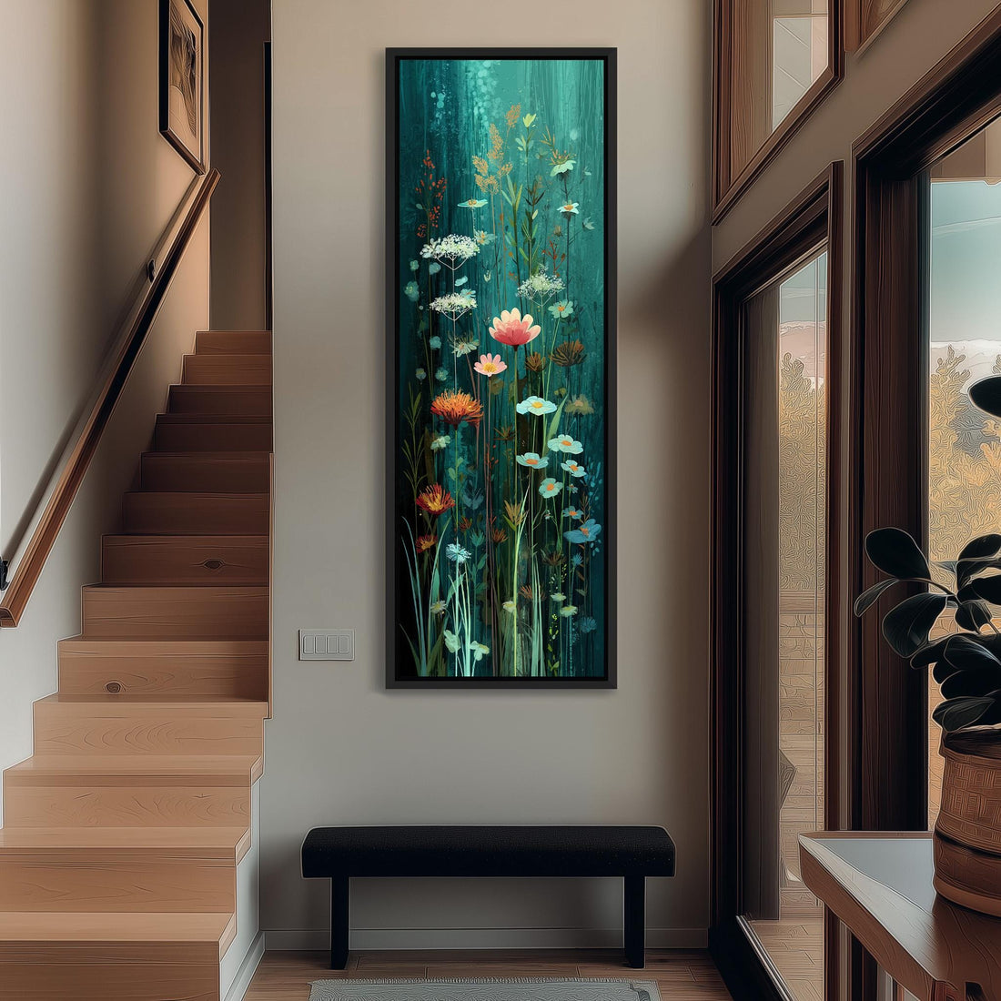 a large, colorful painting of flowers hanging on a wall in a room with a wooden cabinet below it.