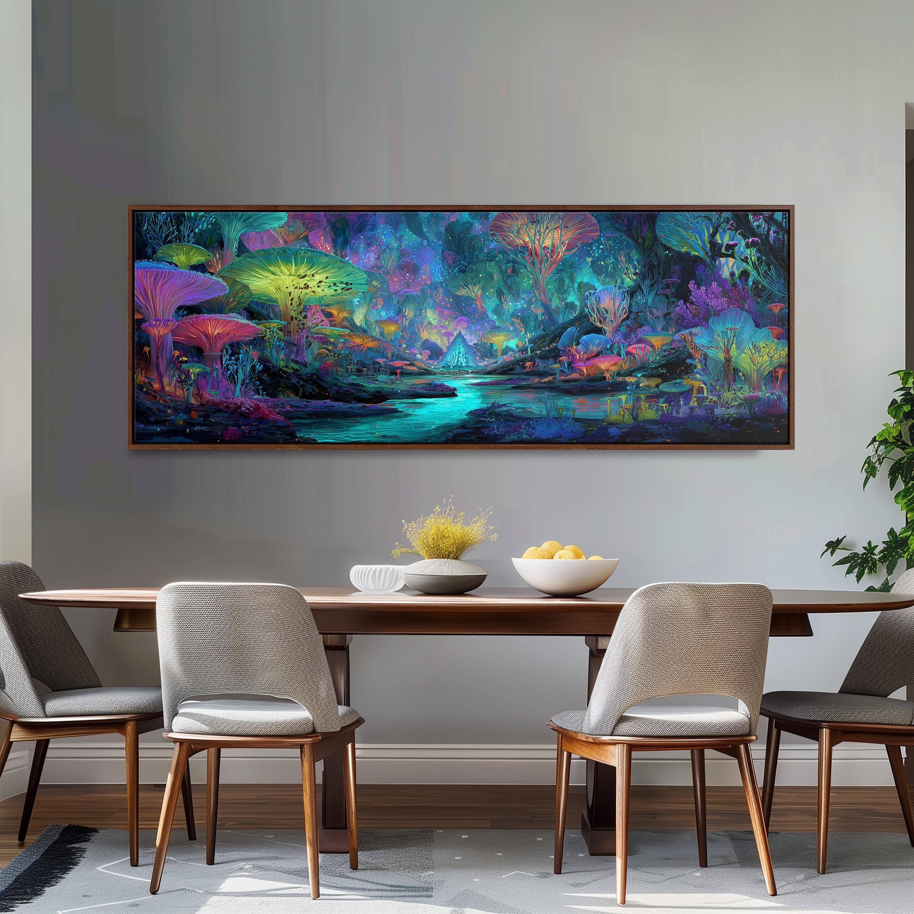 a large, colorful painting of a fantastical landscape hanging on a wall above a wooden dining table with four chairs.