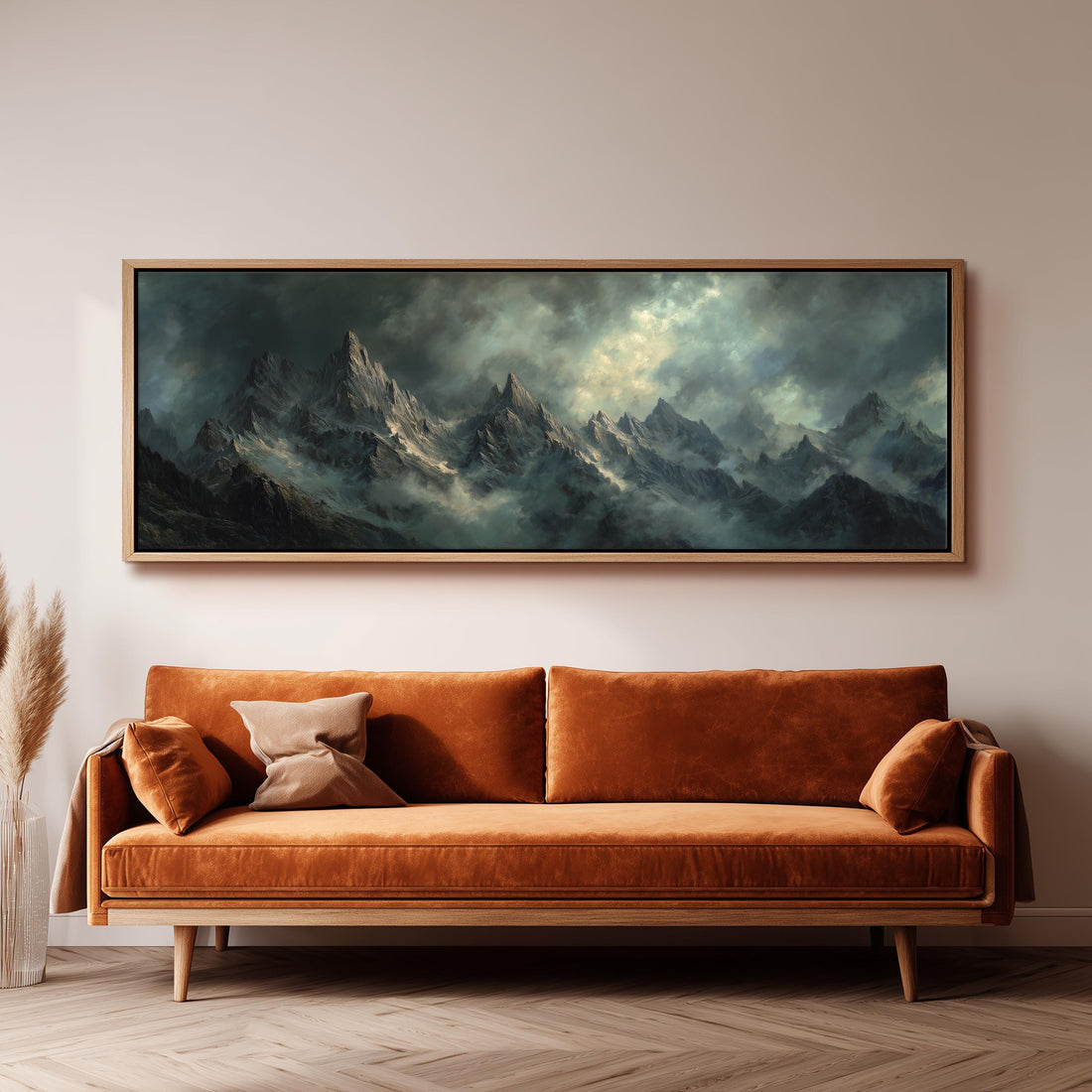 a large painting of a mountainous landscape hanging on a wall above a black and white checkered sofa with a brown throw pillow.