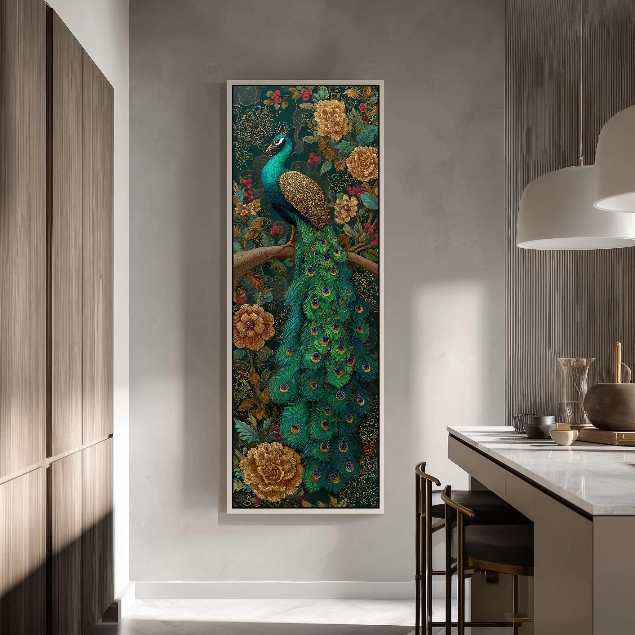 a large, colorful painting of a peacock perched on a branch, surrounded by flowers and foliage. The painting is hanging on a wall in a room with a kitchen counter visible in the background.