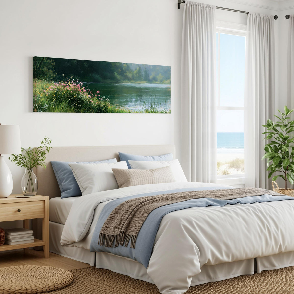 Pink wildflowers on a green lakeshore panoramic canvas print above a bed in a coastal bedroom