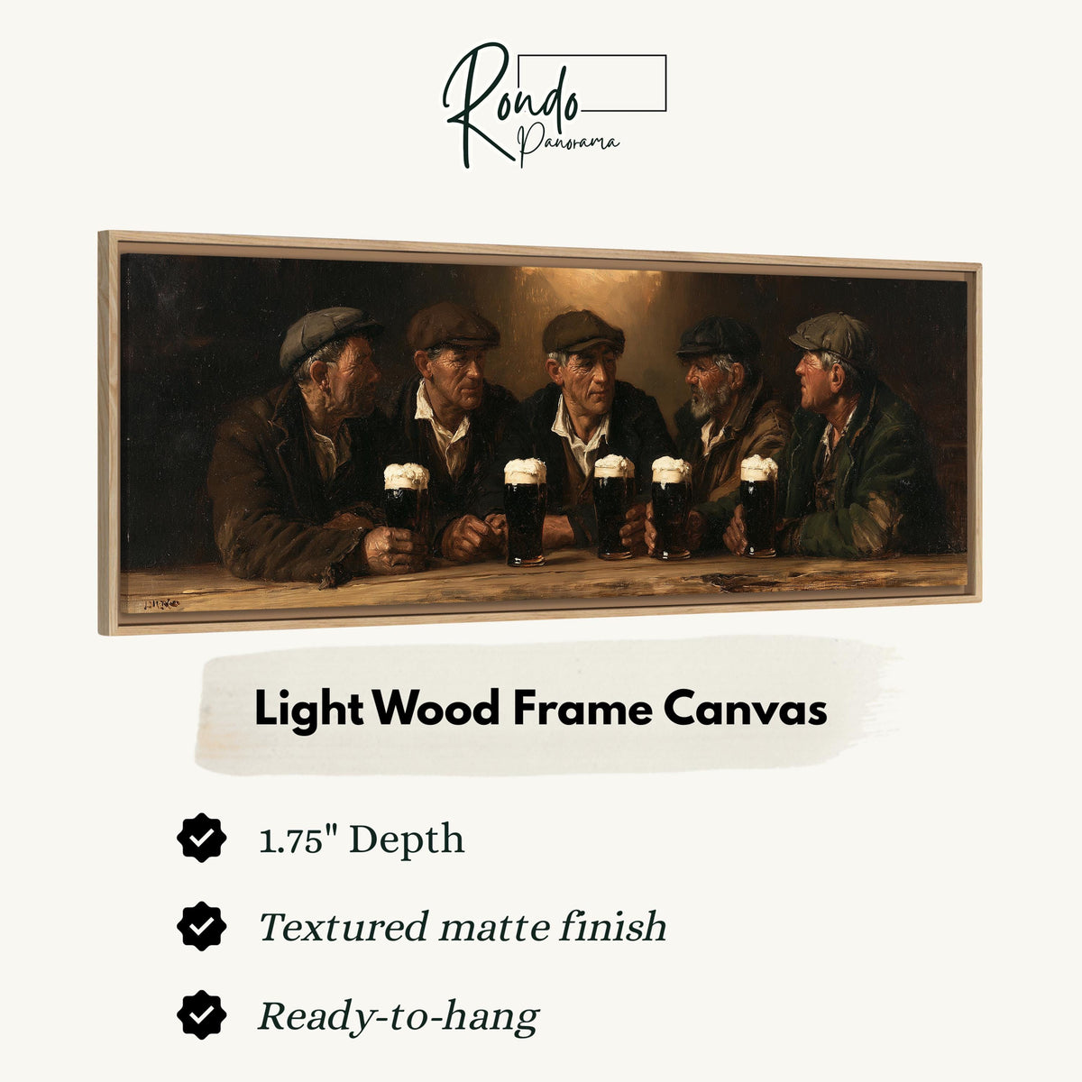 Friends toasting with stout in an Irish pub canvas print in a light wood floating frame
