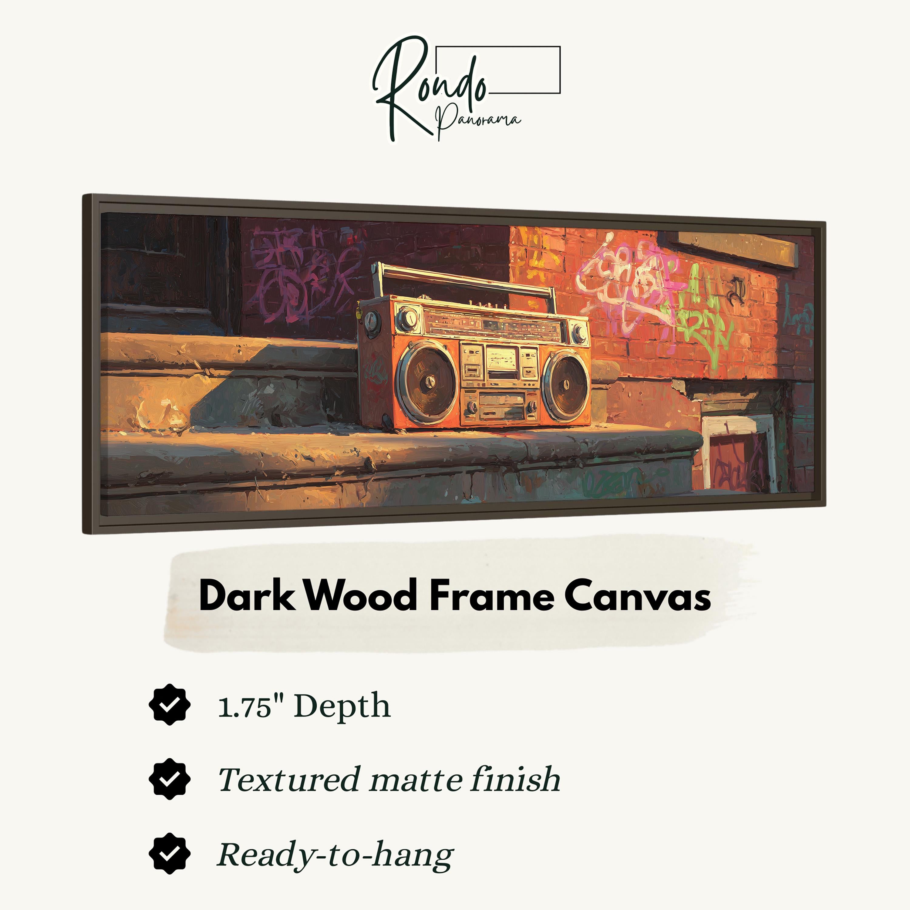 a vintage-style radio on a ledge, with a dark wood frame canvas.