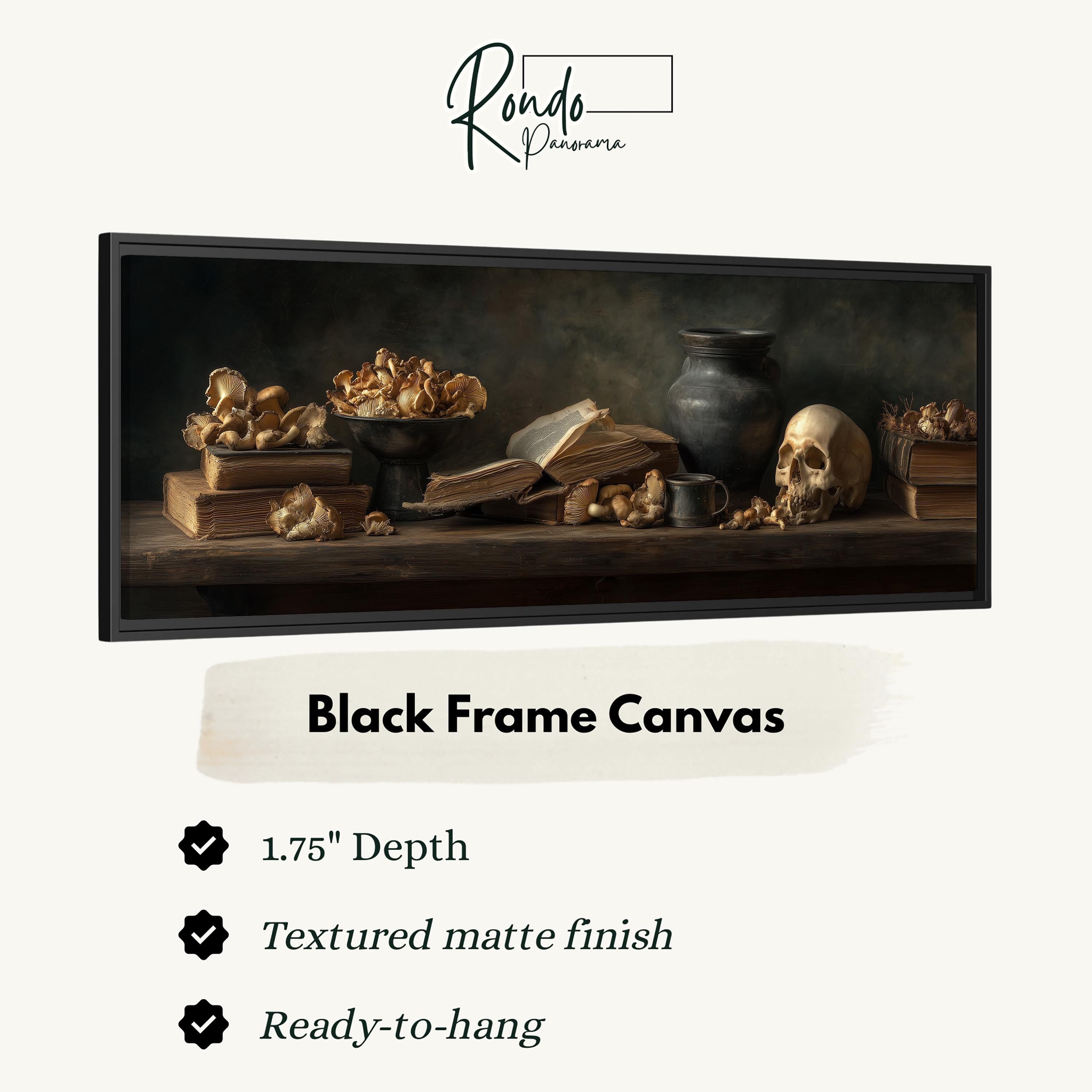 The image is a black frame canvas depicting a still life arrangement of a skull, books, and mushrooms on a shelf.