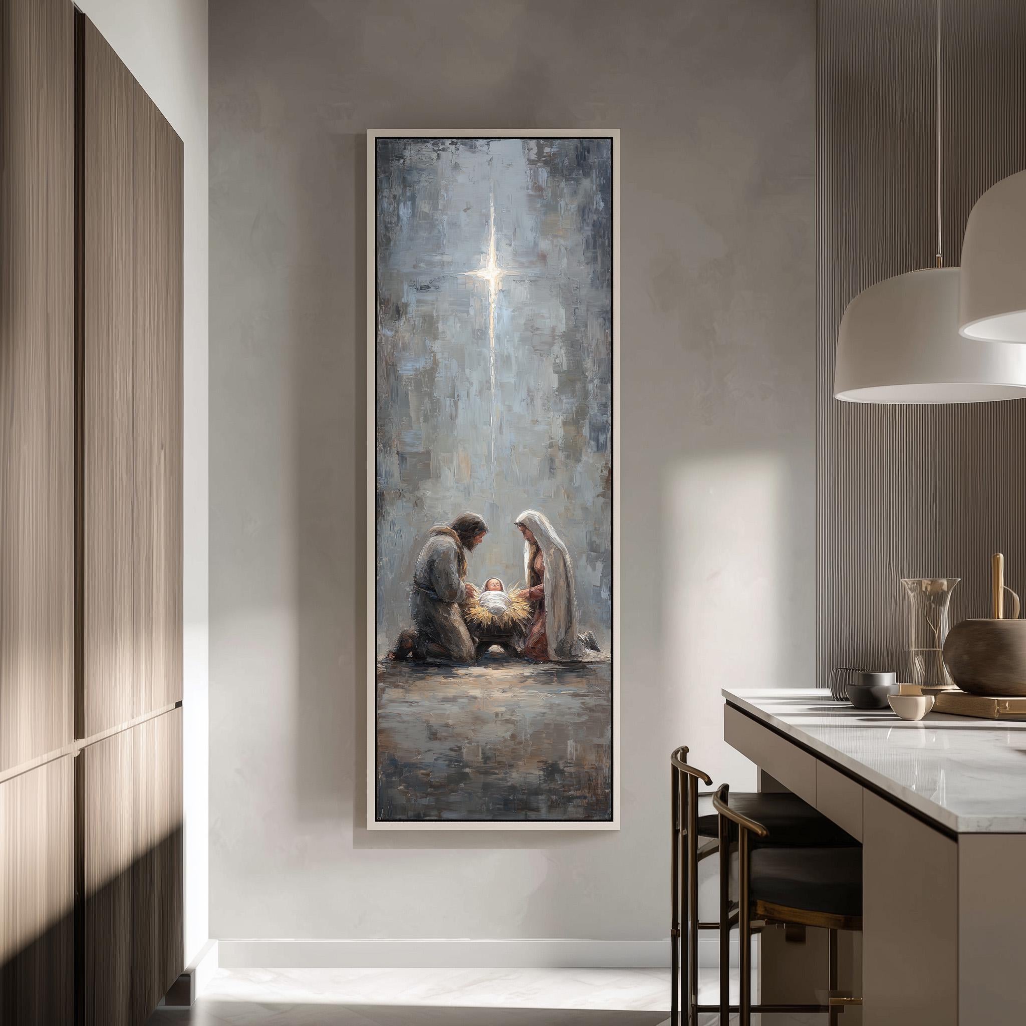 a large painting of a nativity scene hanging on a wall in a modern, minimalist-style room.