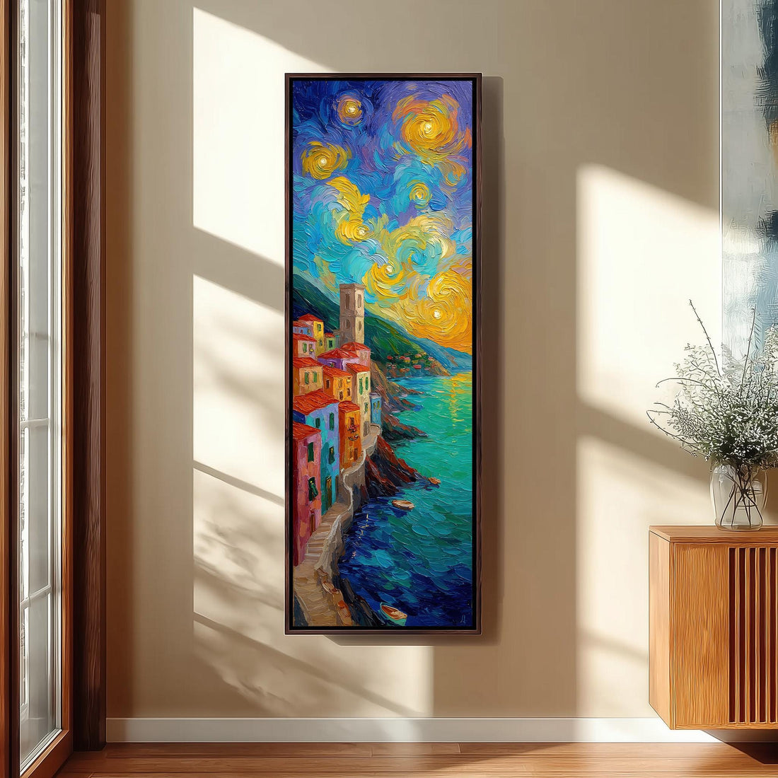 a large, colorful painting of a coastal town hanging on the wall of a hallway. The painting depicts a vibrant scene with buildings, water, and a starry sky, creating a lively and dynamic atmosphere.
