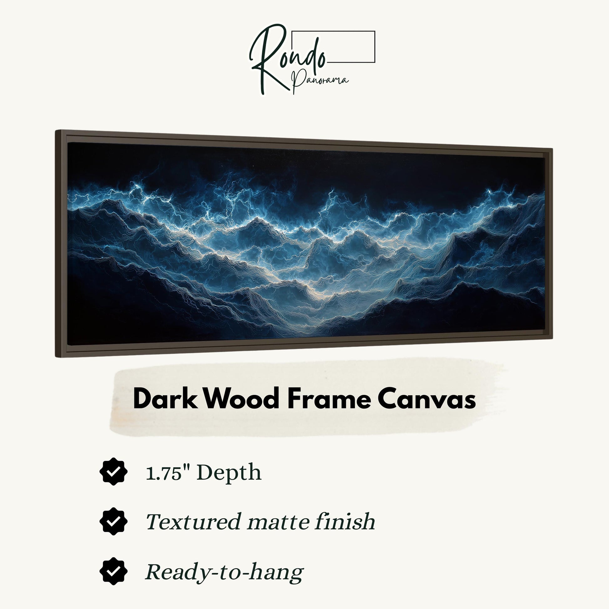 The image is a dark wood frame canvas depicting a wave with a textured matte finish. The canvas is 1.75" deep and ready to hang.