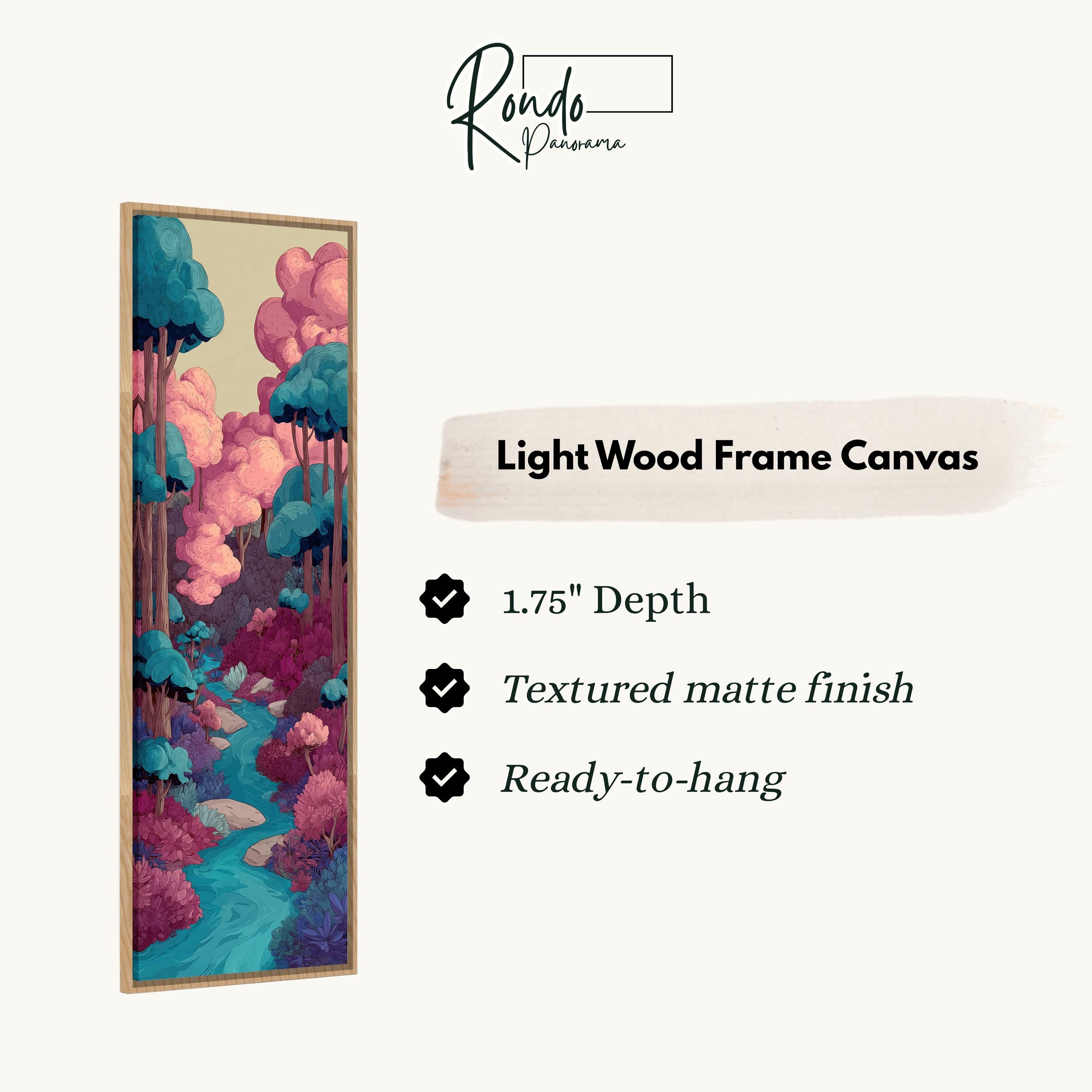 The image is a light wood frame canvas depicting a forest scene with pink and blue elements.