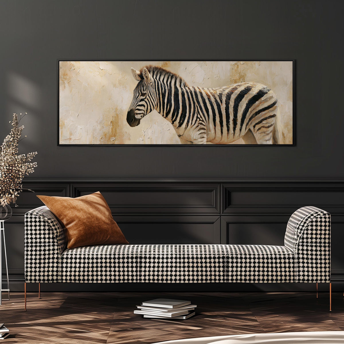 Zebra on a sandy textured background wide panoramic canvas print above a bench in a dark living room