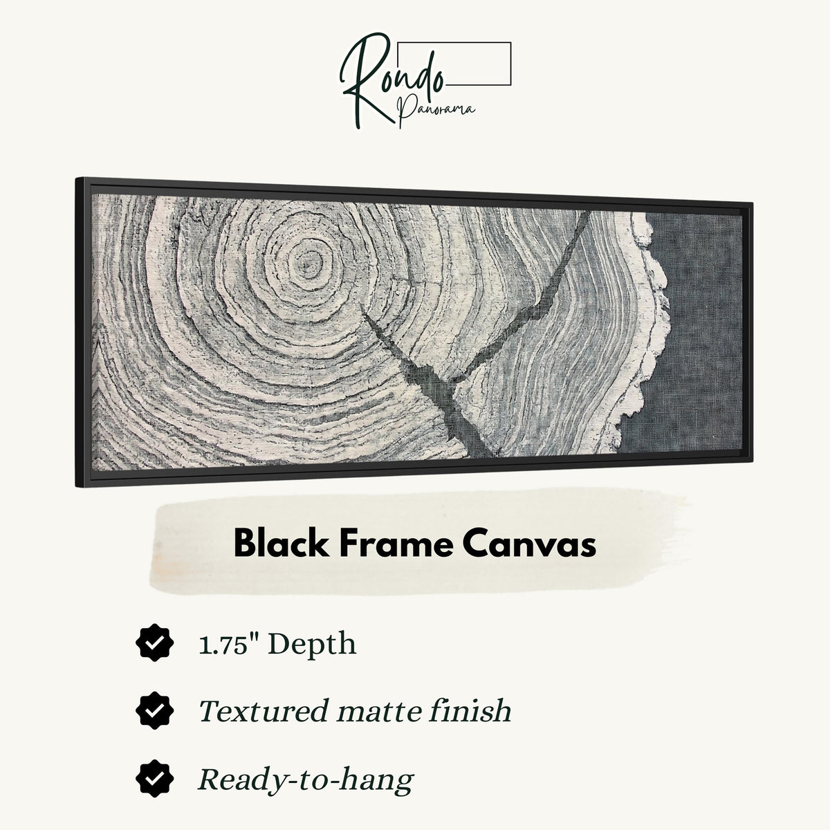 Grey tree ring on linen texture canvas print in a black floating frame
