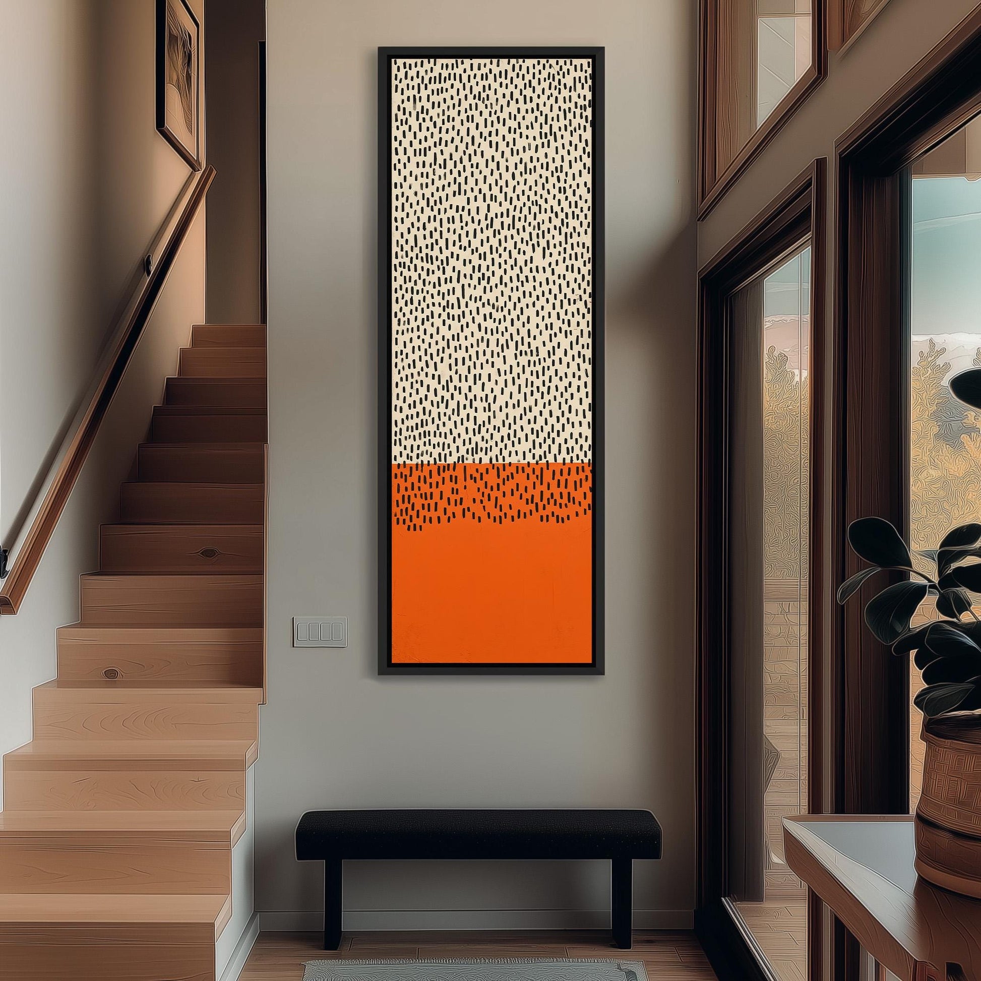 a modern and minimalist interior design with a large abstract painting hanging on the wall, a wooden staircase, and a black bench in the foreground.