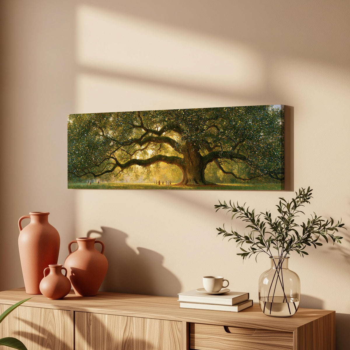 Golden oak tree in a park long horizontal canvas print above a wooden sideboard
