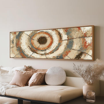 Rust and navy textured tree ring long horizontal canvas print above a sofa in a living room