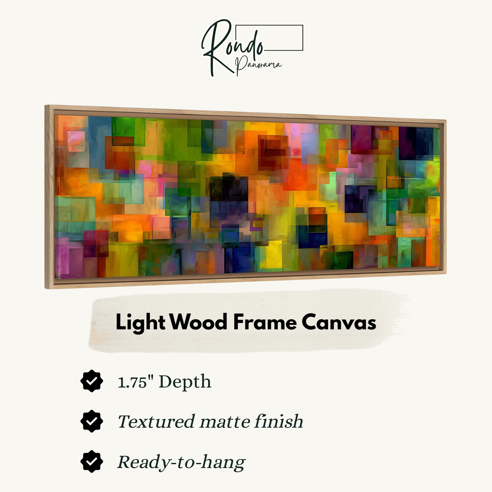 The image is a light wood frame canvas with a textured matte finish, measuring 1.75" in depth. It is ready to hang and has a textured matte finish.
